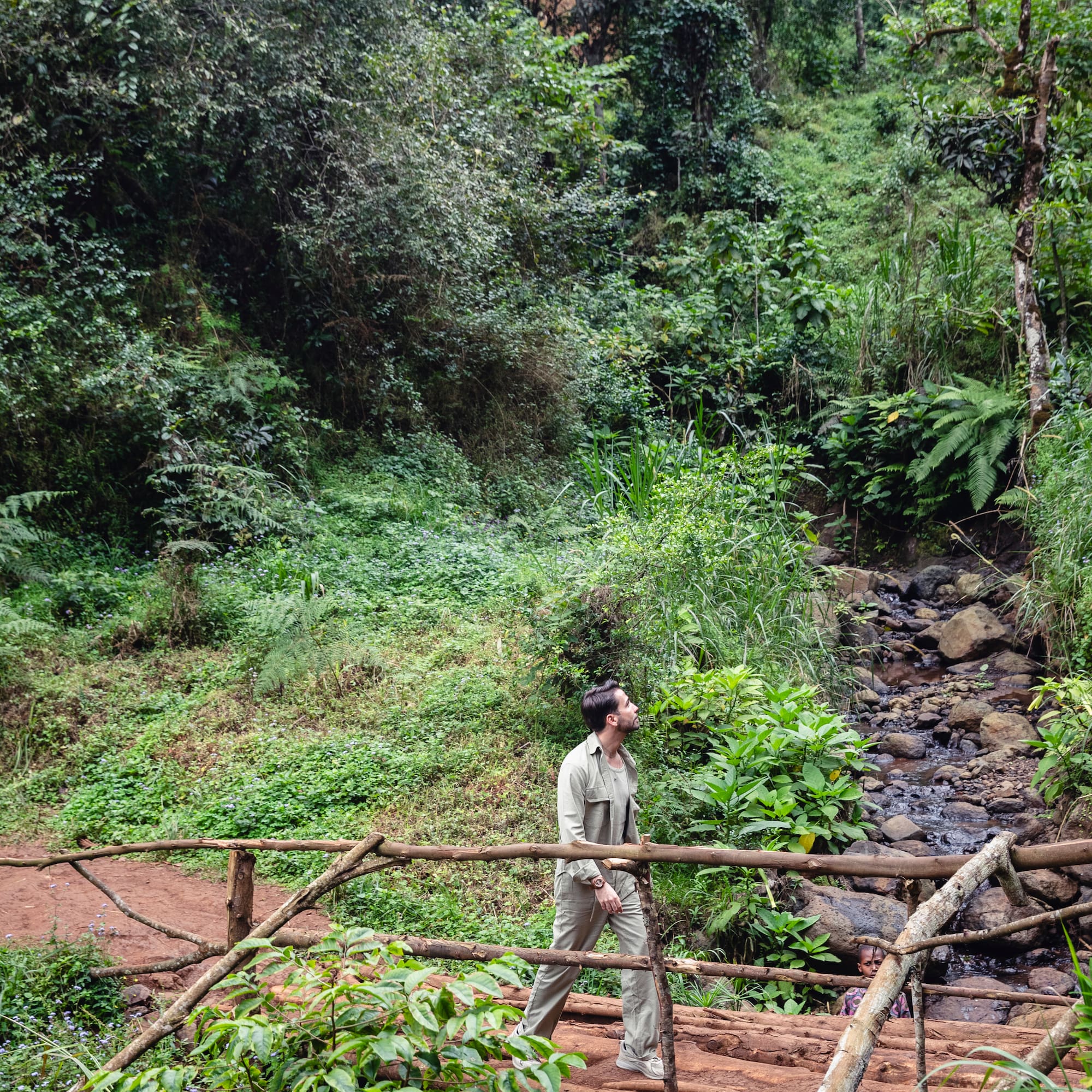 a man walking on a bridge in a forest