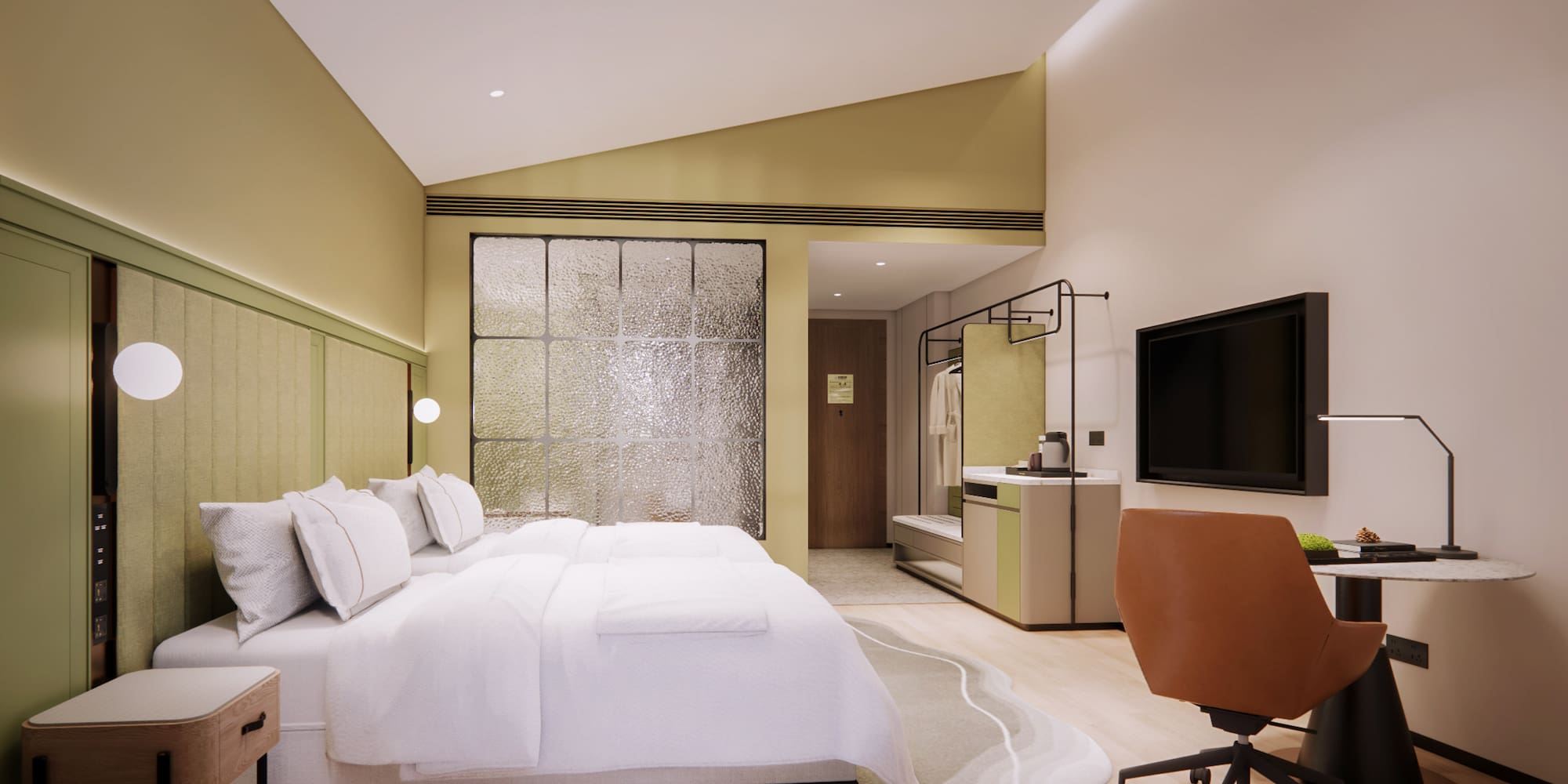 a room with a bed and a television