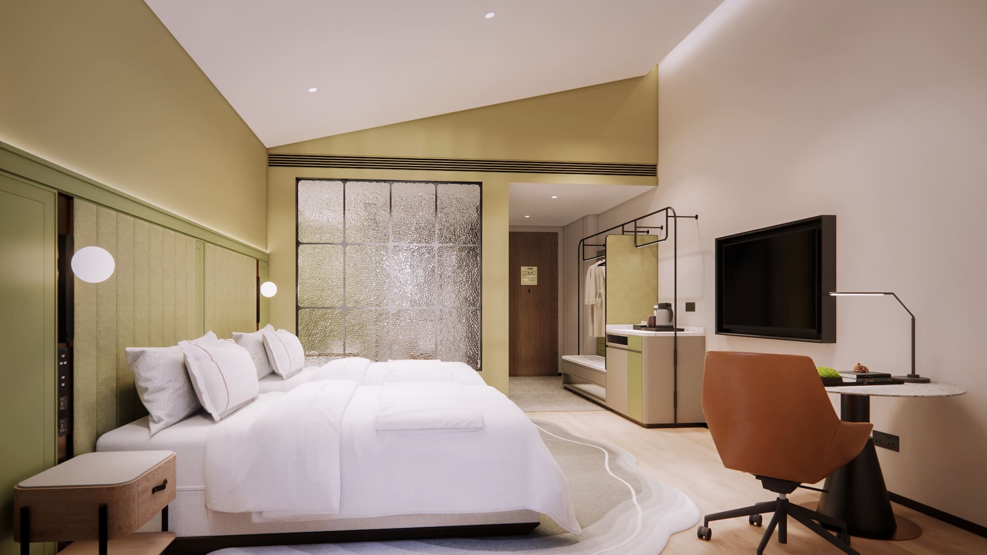 a room with a bed and a television