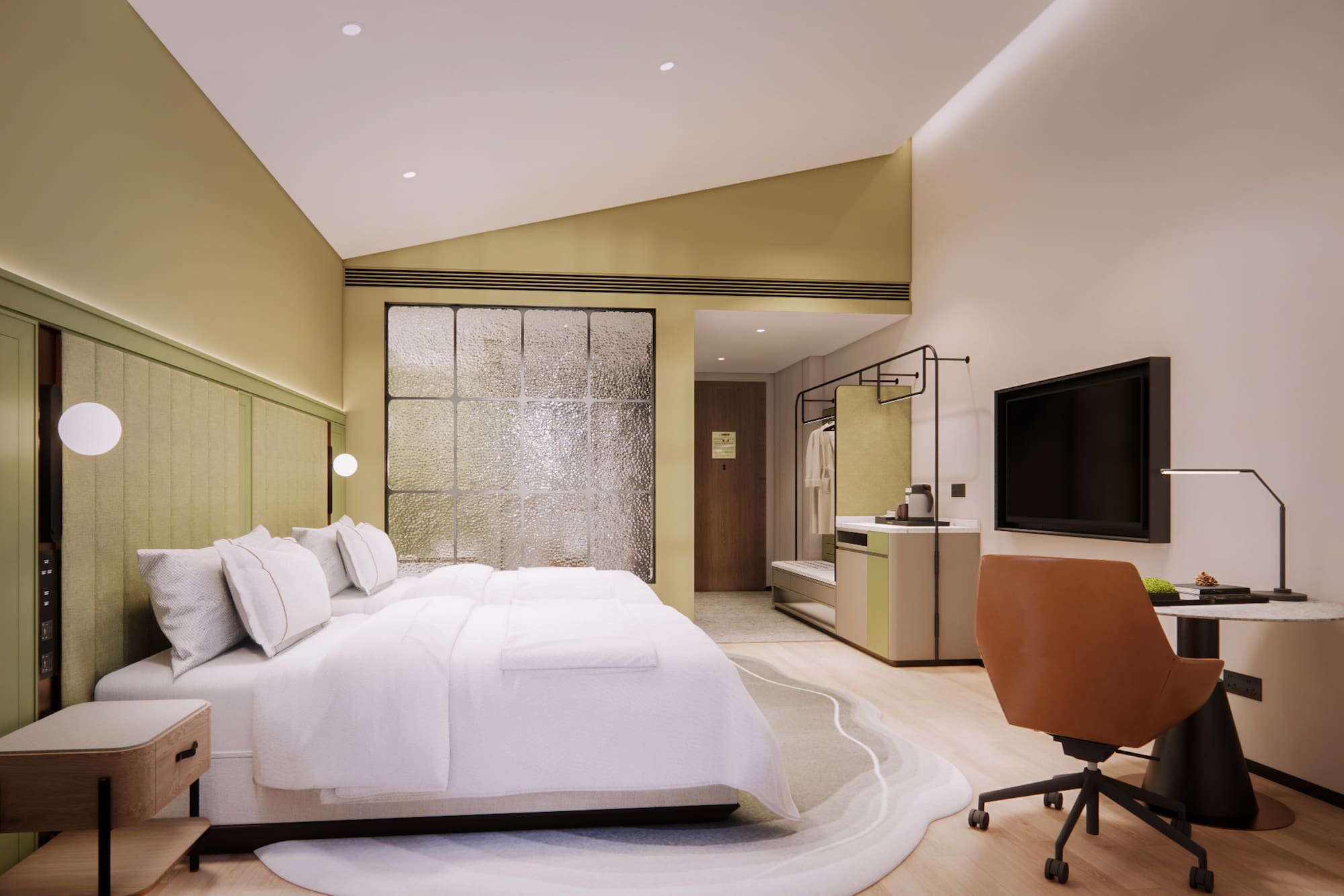 a room with a bed and a television