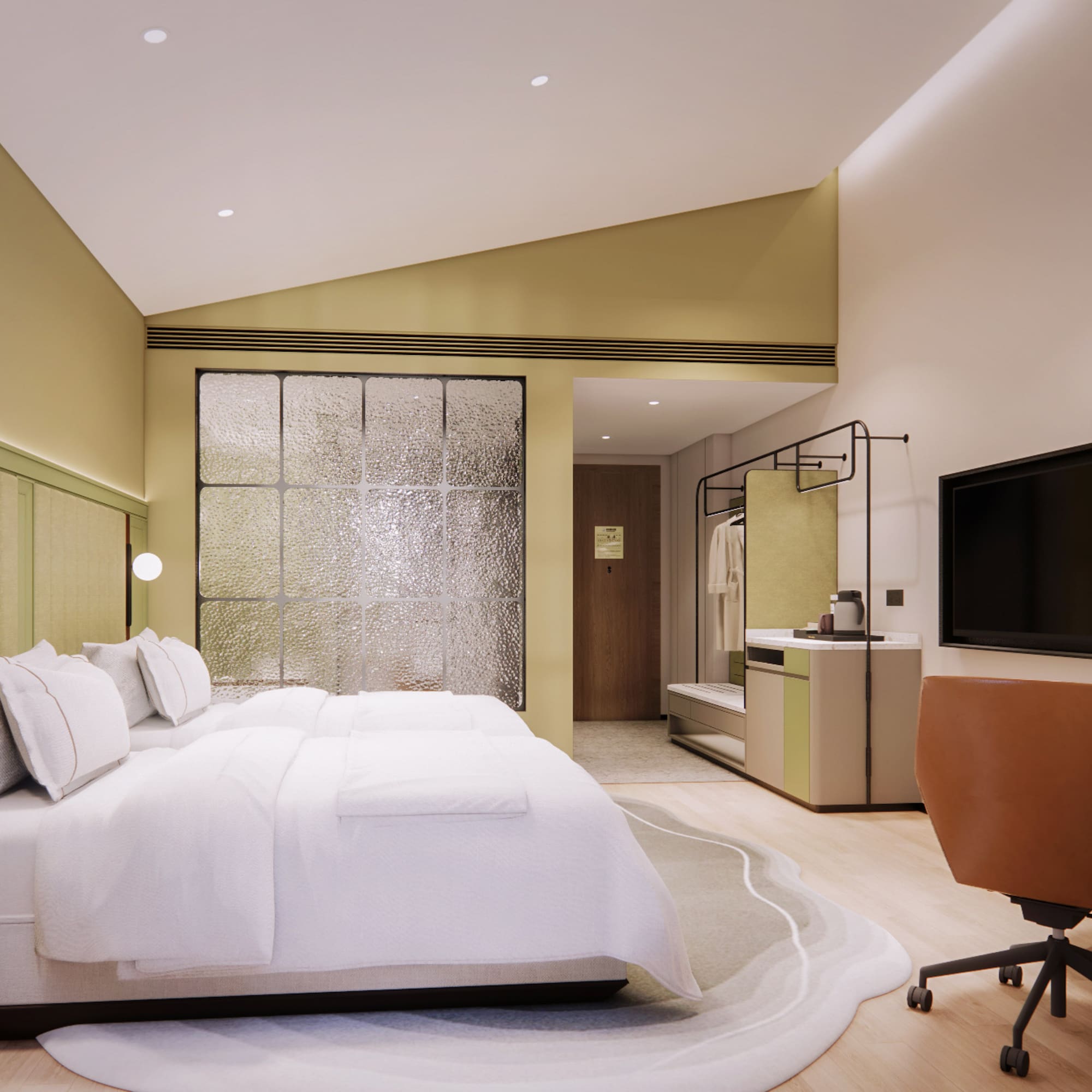 a room with a bed and a television