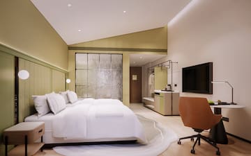 a room with a bed and a television