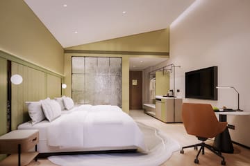 a room with a bed and a television