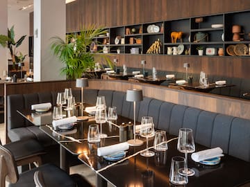a restaurant with a table set up