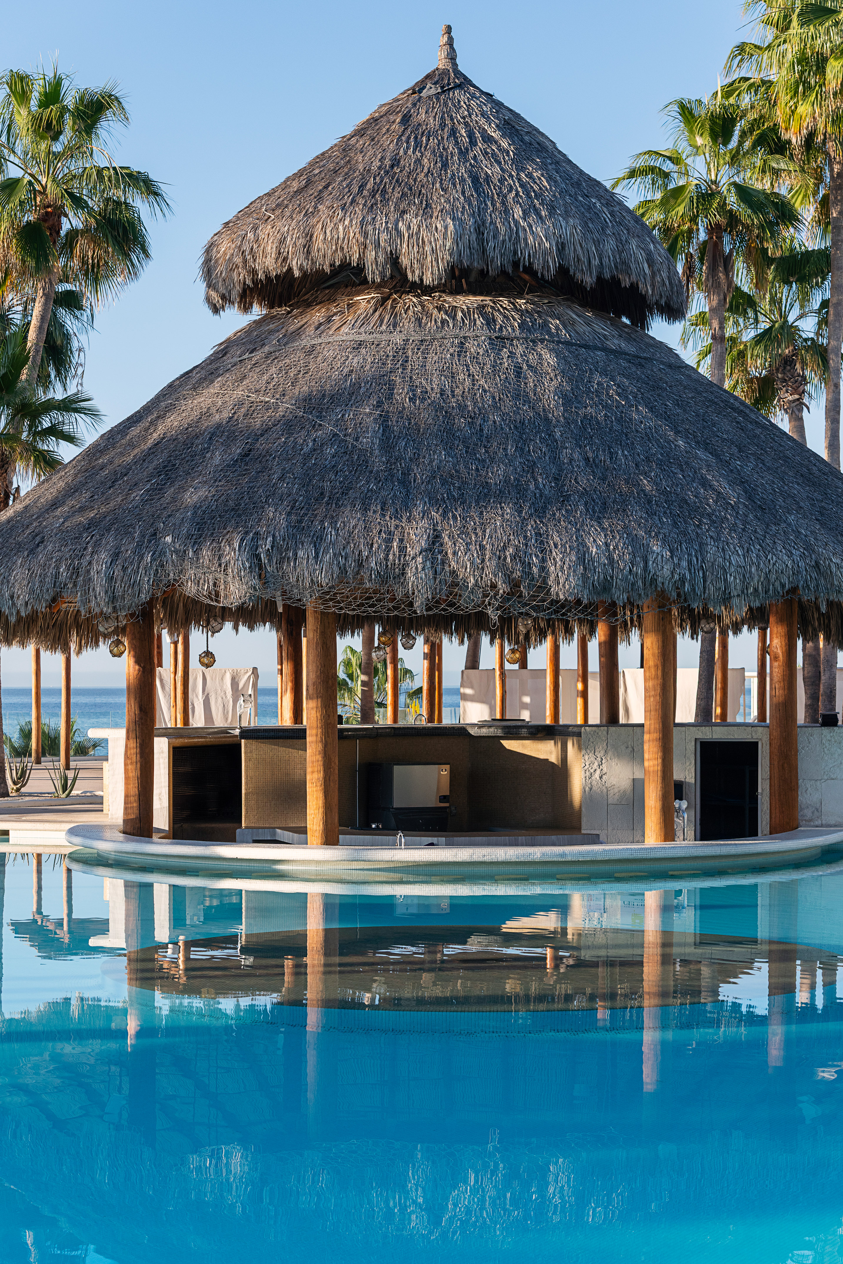 Tropical palapa swim-up bar by pool with ocean view and palm trees.
