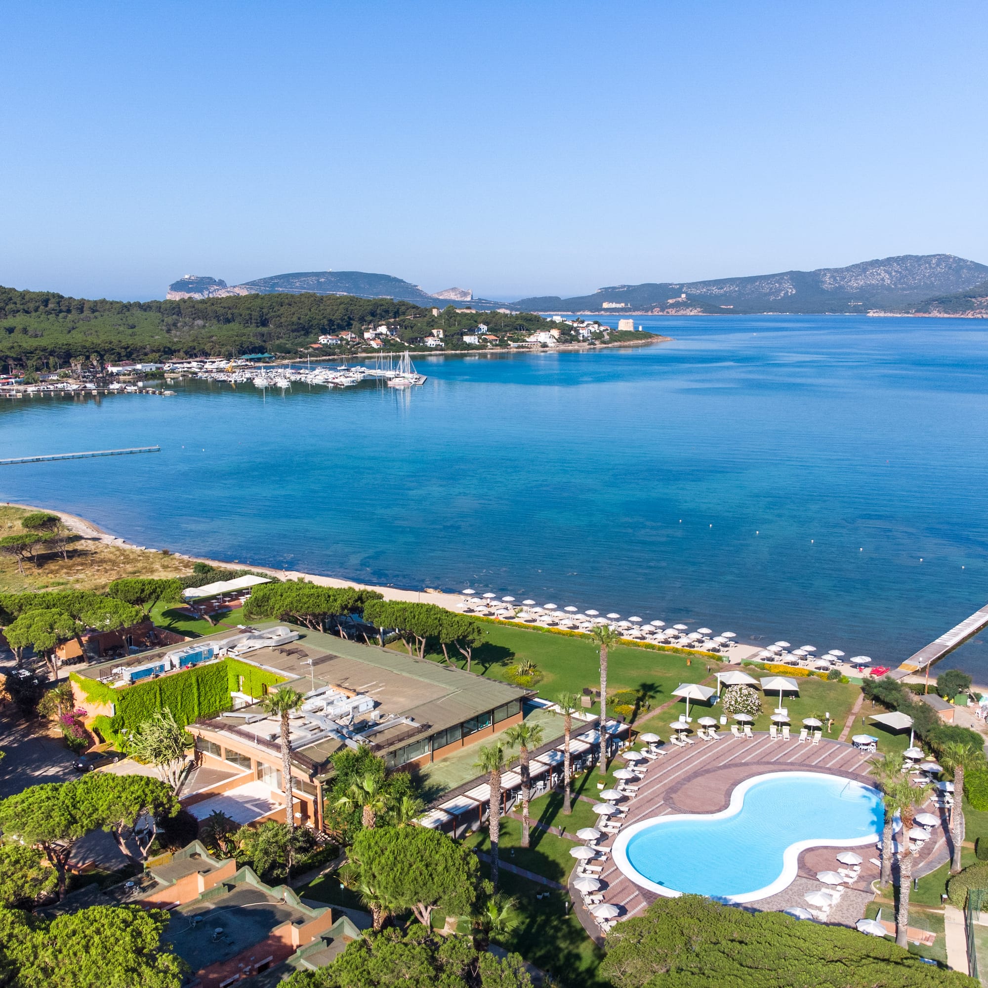 Aerial view: coastal resort, large swimming pool, sunny beach, marina, and green bay.