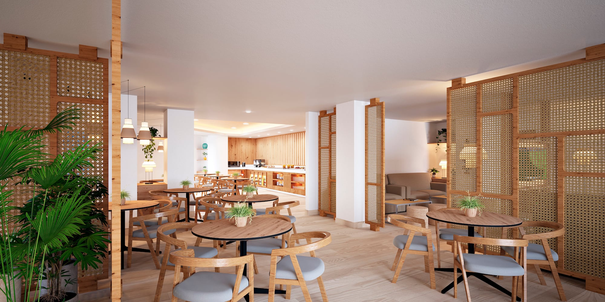 a room with tables and chairs