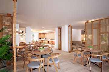 a room with tables and chairs