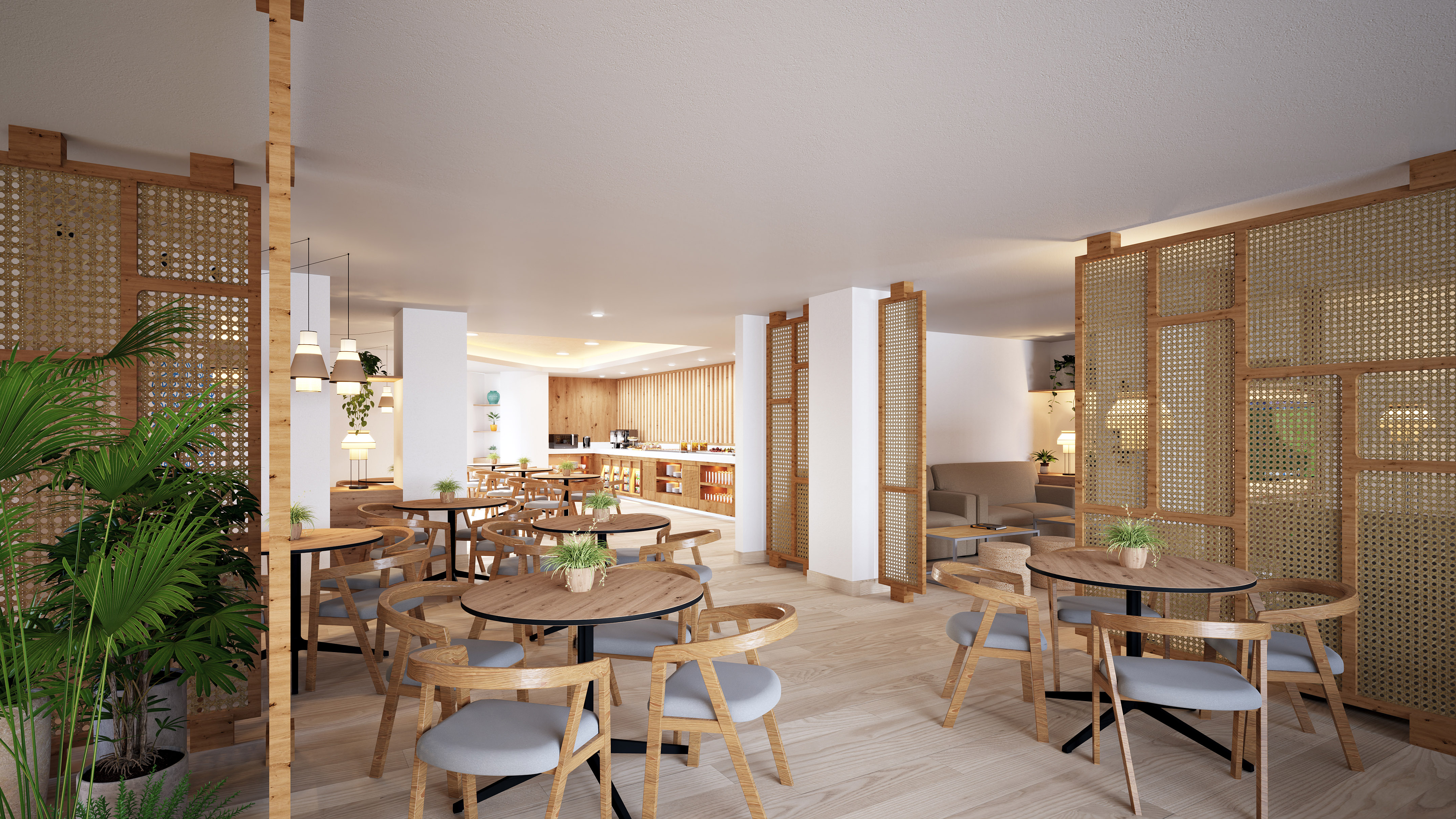Modern hotel breakfast area with wooden tables, cane partitions, and buffet.