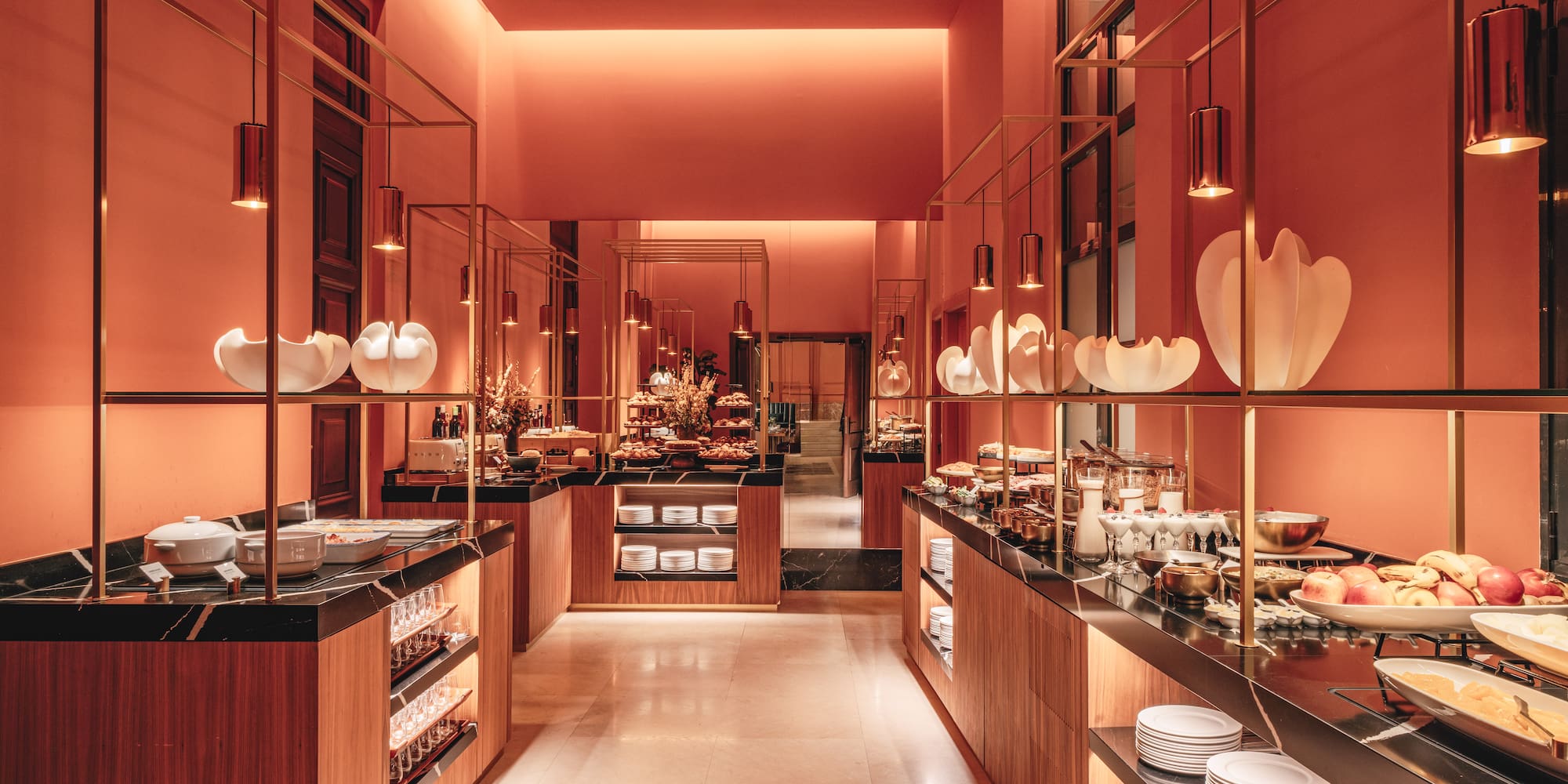 a room with shelves of food and lights