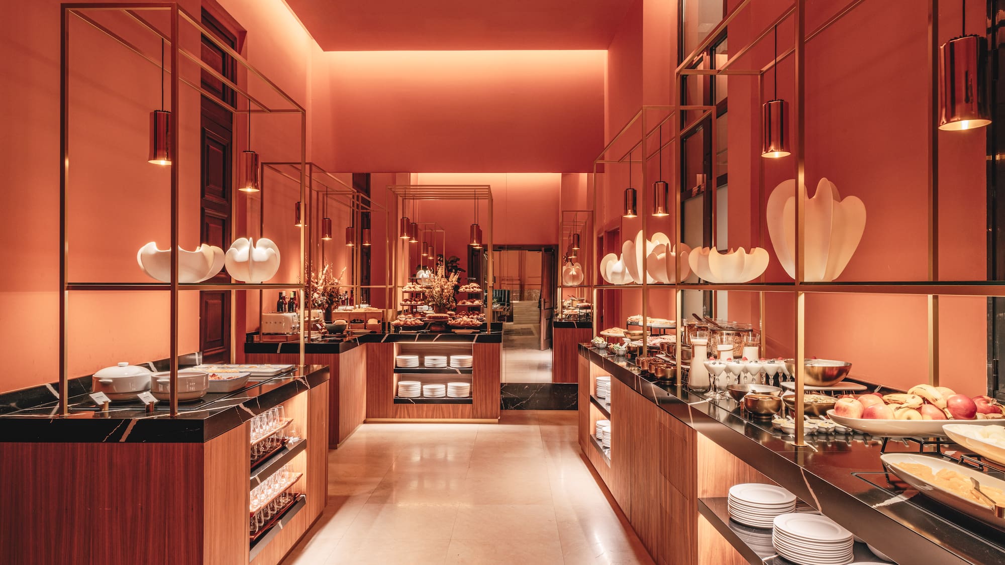 a room with shelves of food and lights