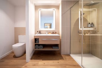 a bathroom with a mirror and a toilet