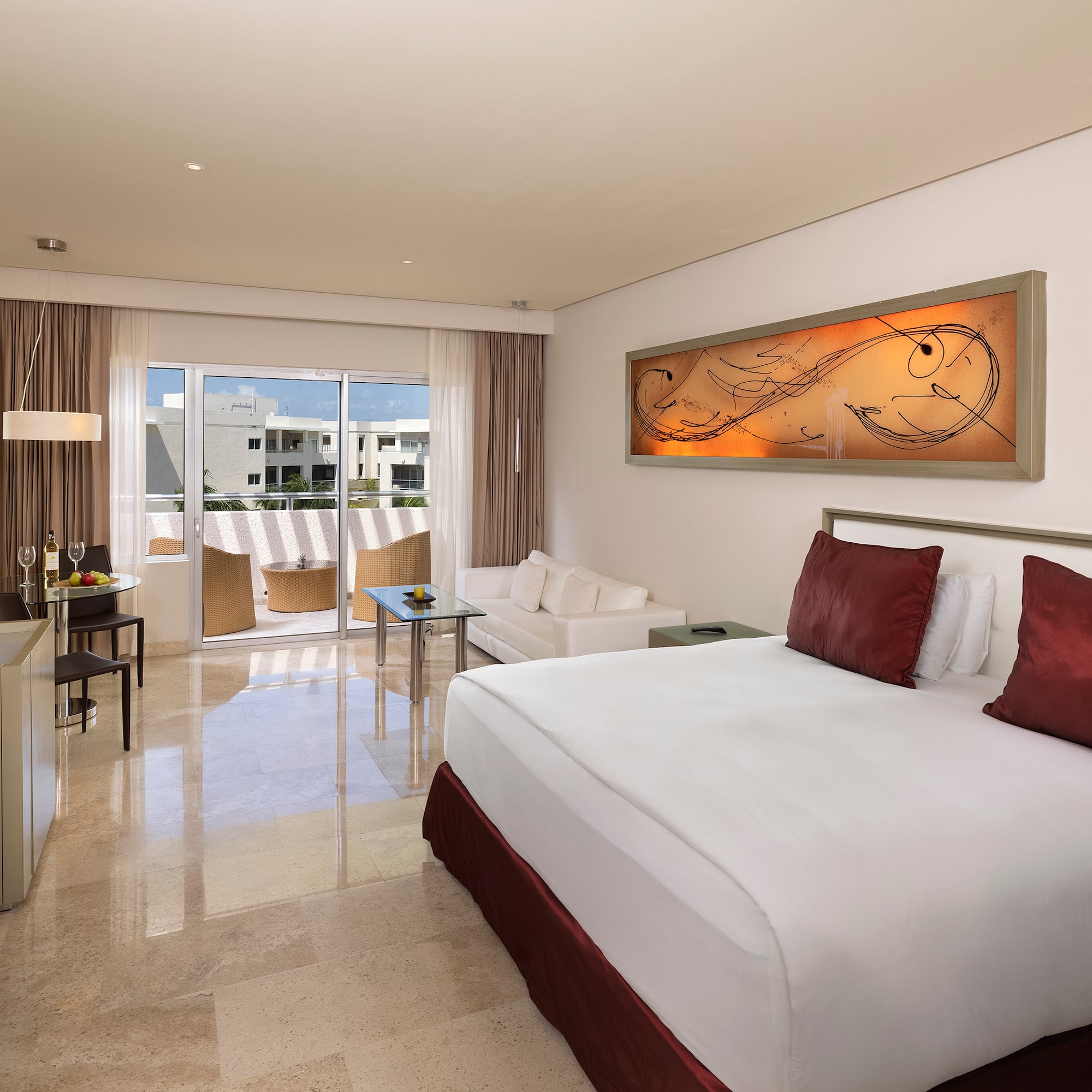 a bedroom with a bed and a table