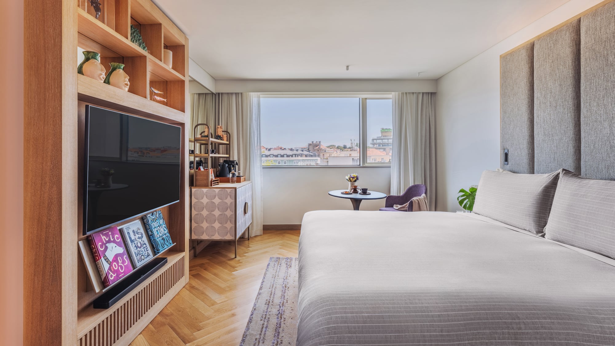 a bedroom with a tv and a bed