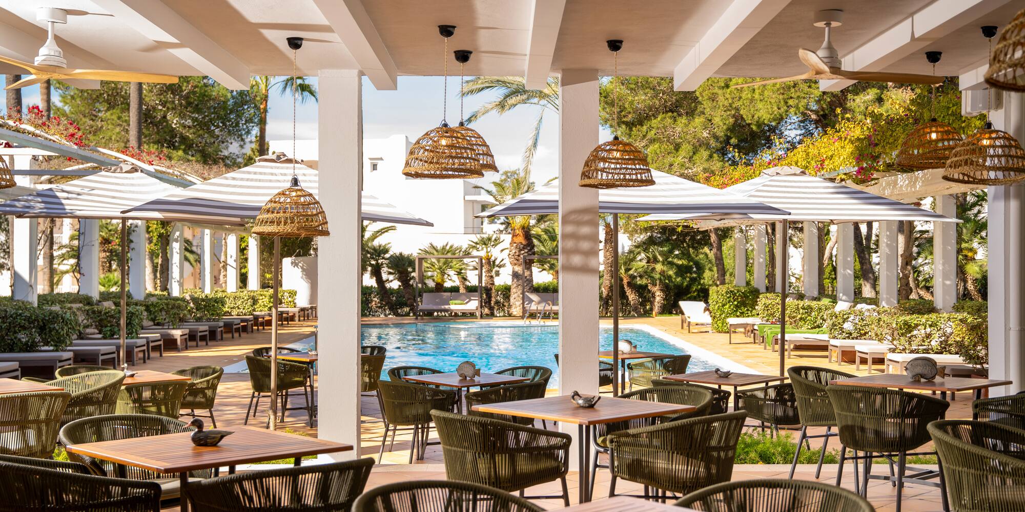 a pool with tables and chairs
