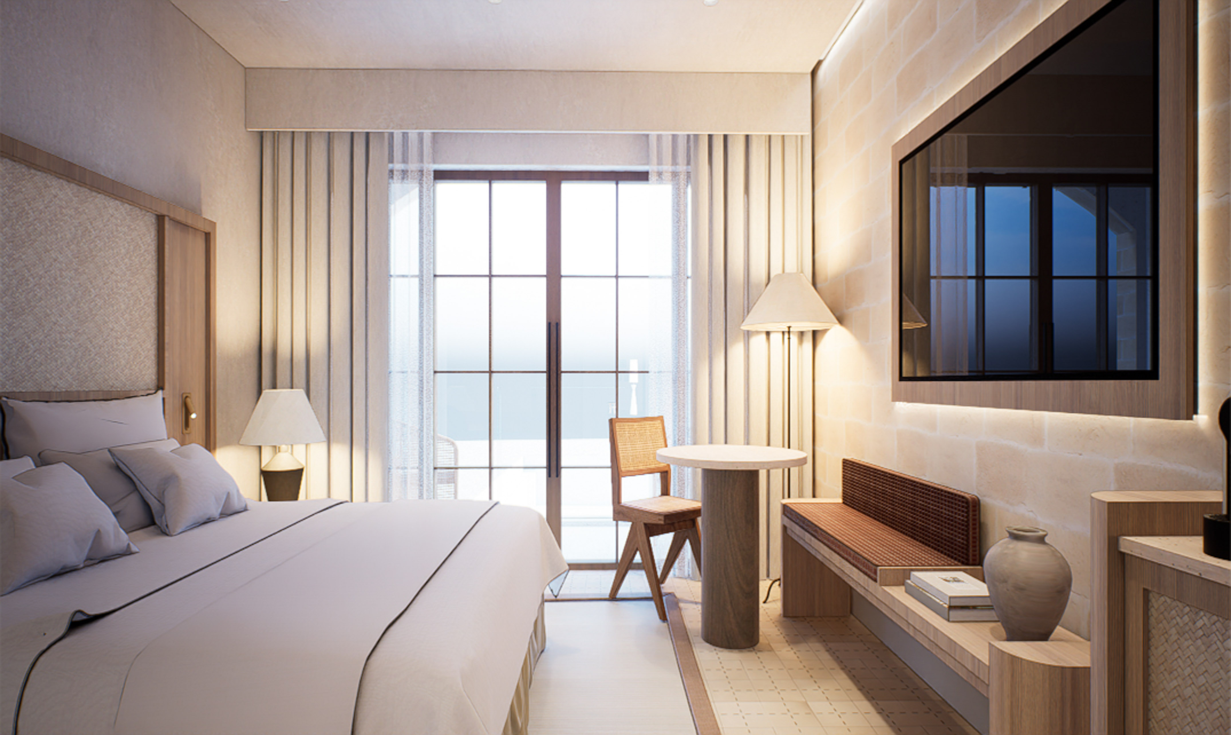 a room with a bed and a tv