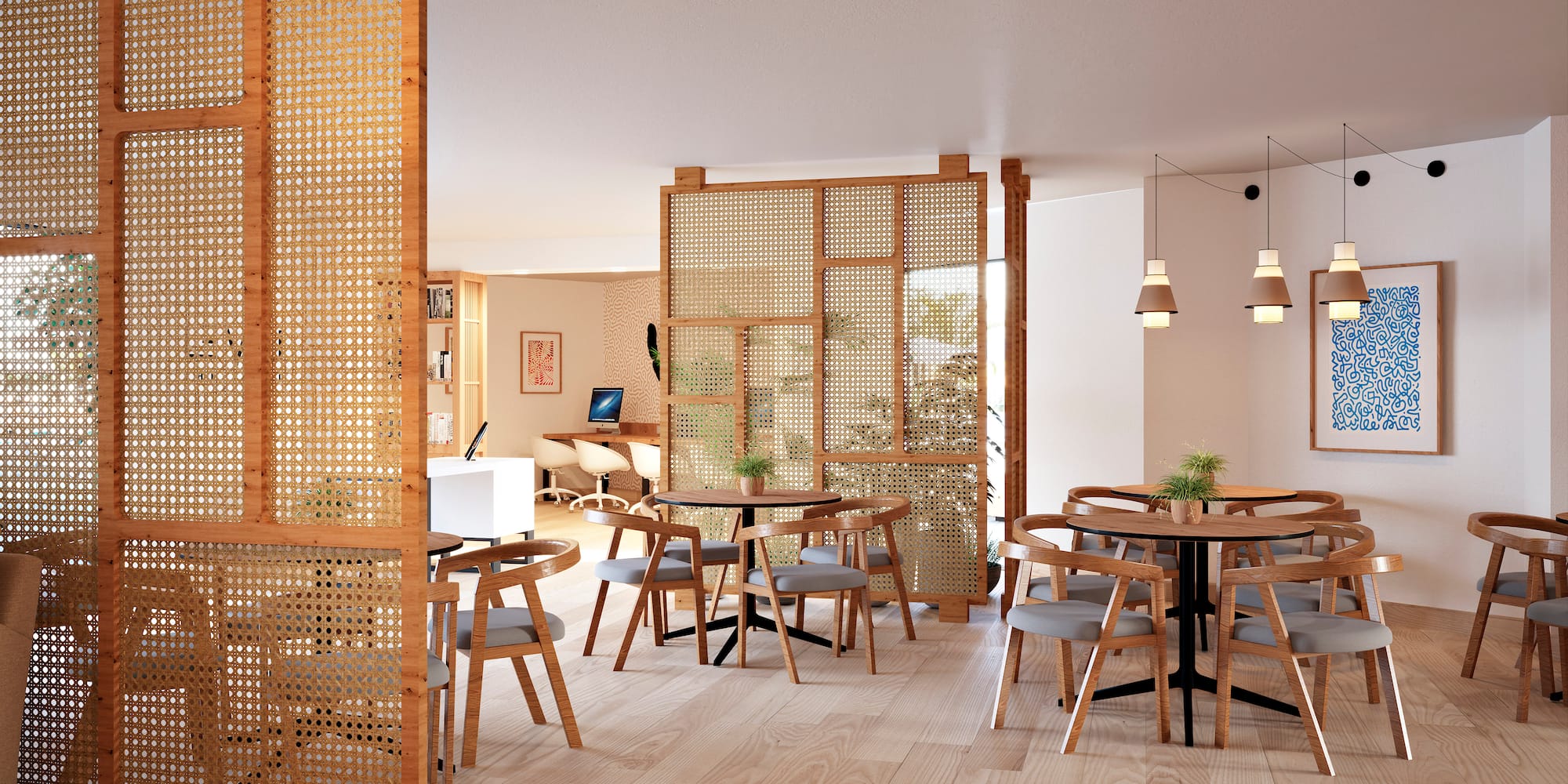 a room with tables and chairs