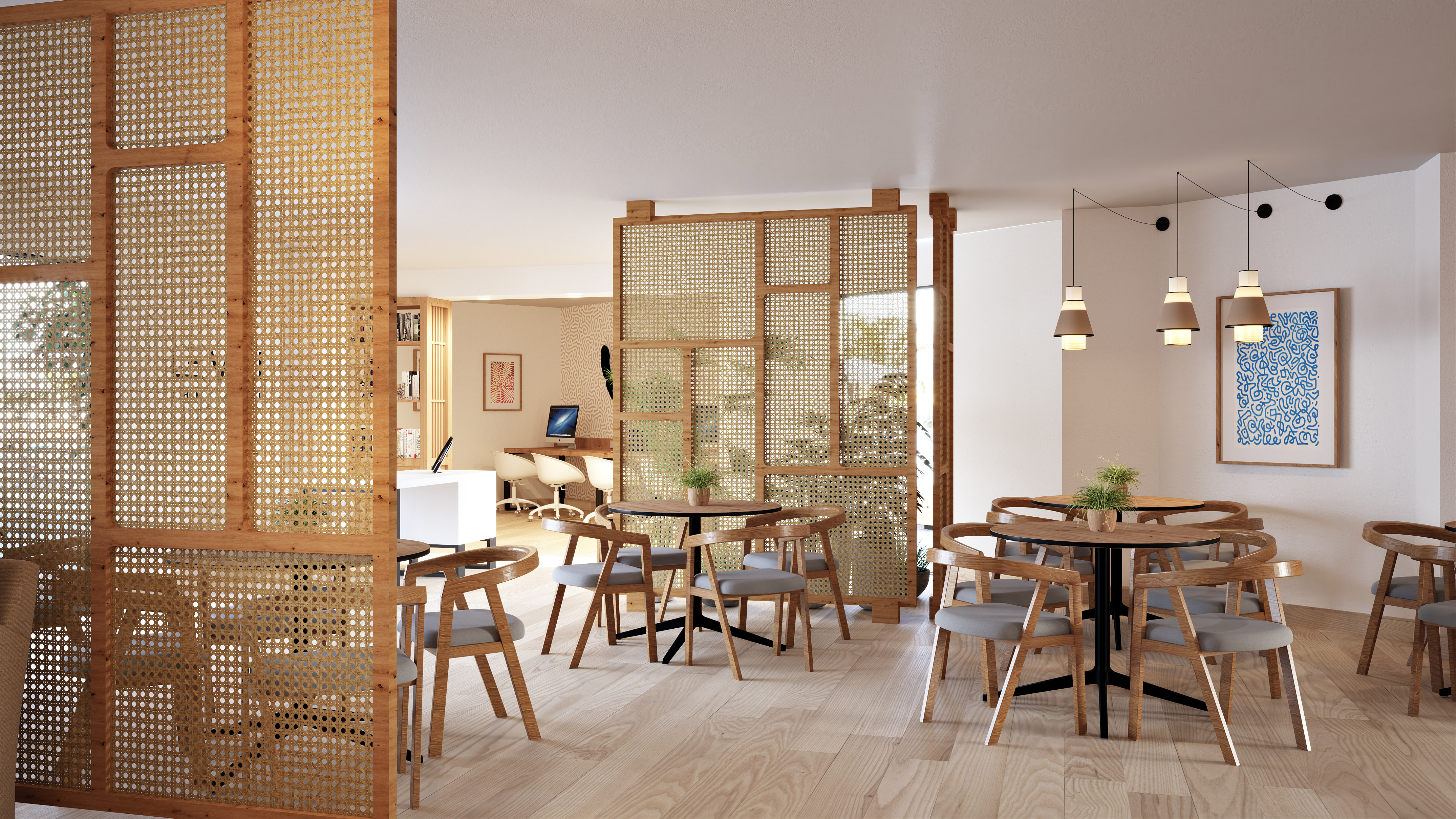 Stylish modern cafe interior with cane screen dividers, wooden chairs, and light flooring.
