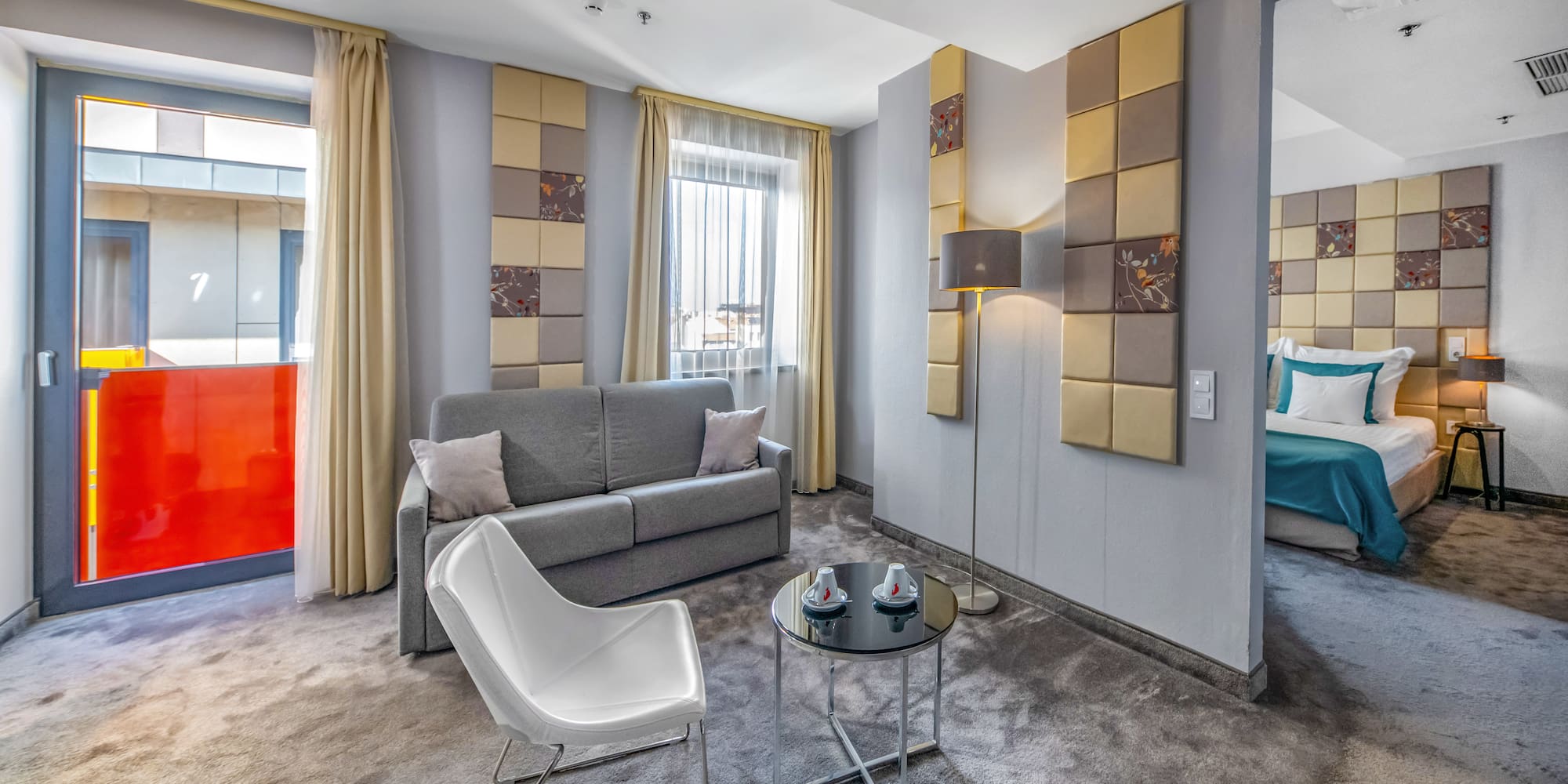 a room with a couch and a table