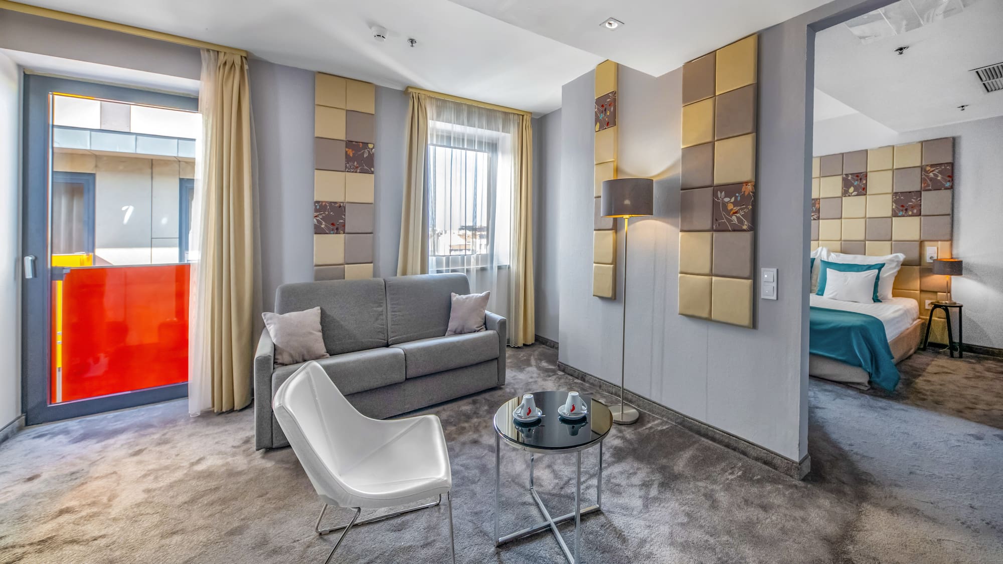 a room with a couch and a table