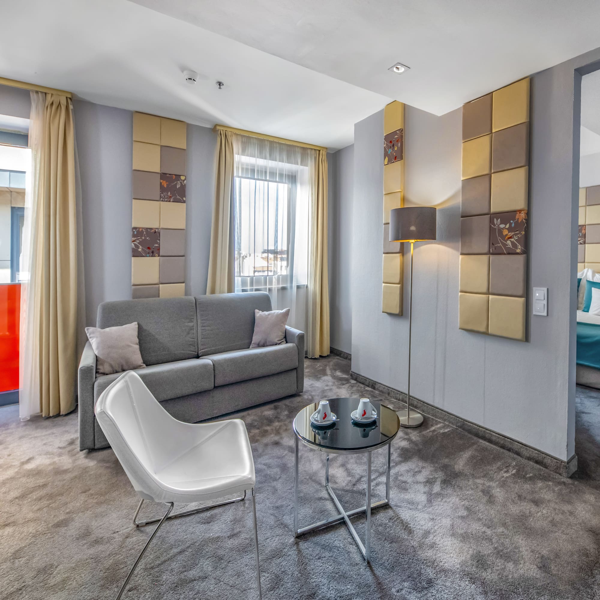 a room with a couch and a table