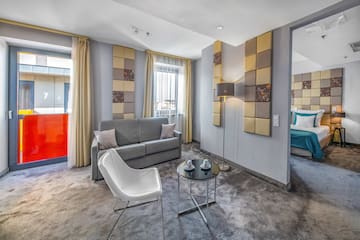 a room with a couch and a table