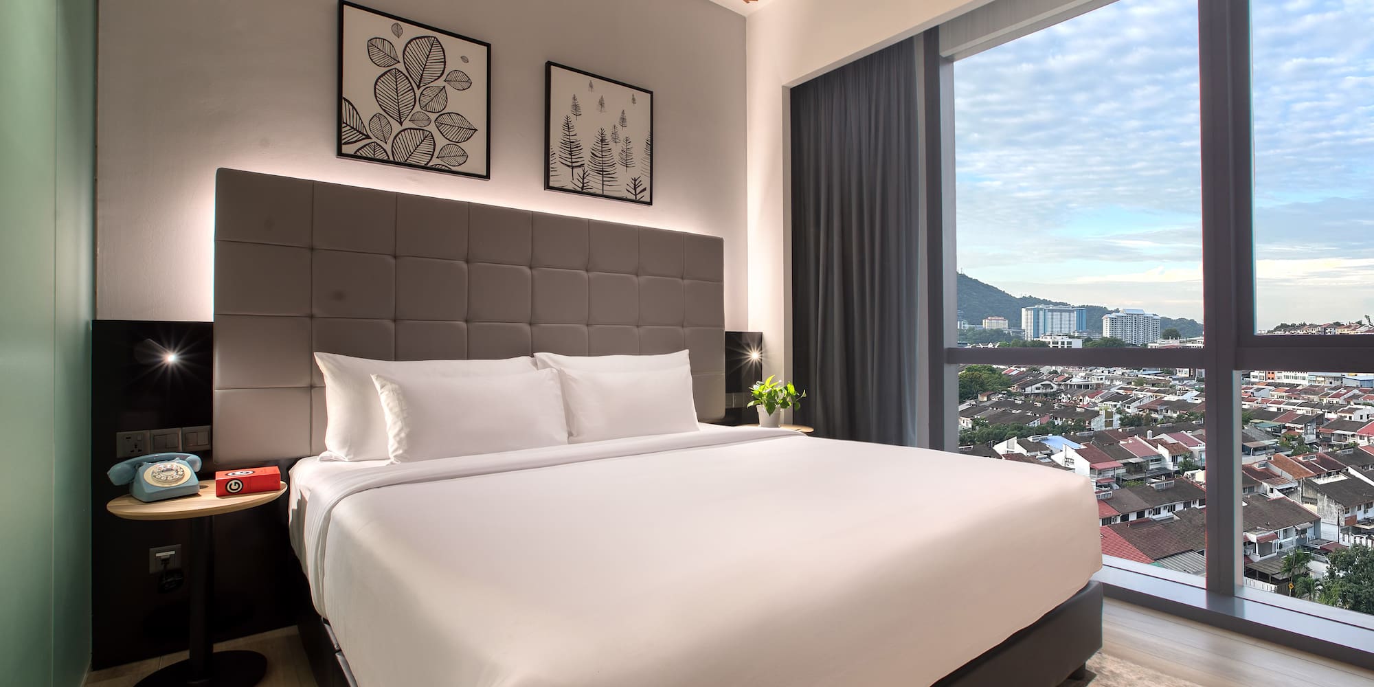 a bed with a large window