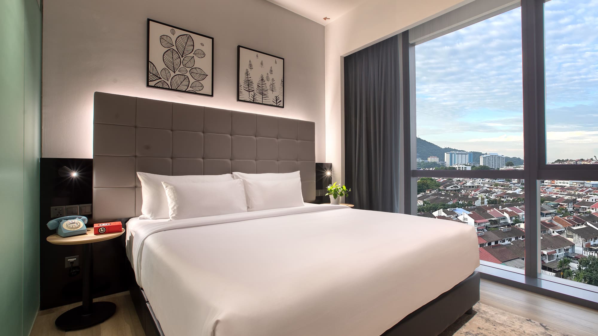 a bed with a large window