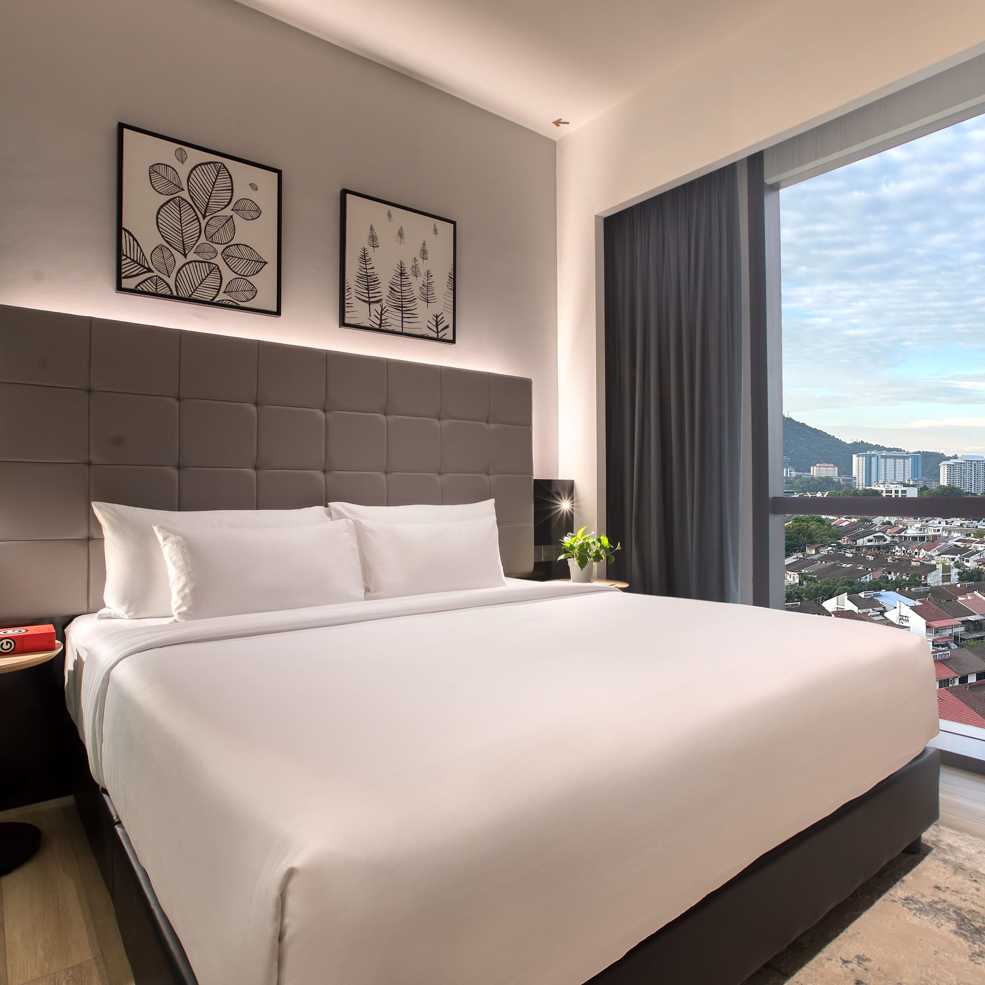 a bed with a large window