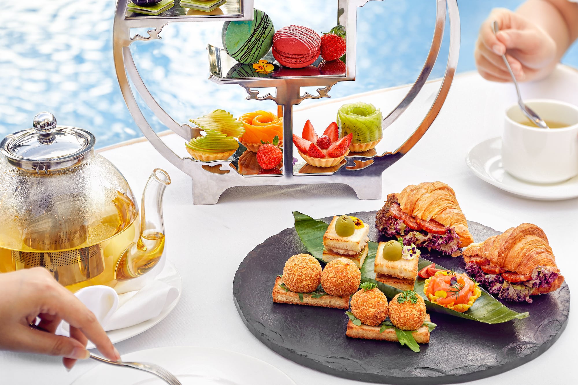 a group of people eating food