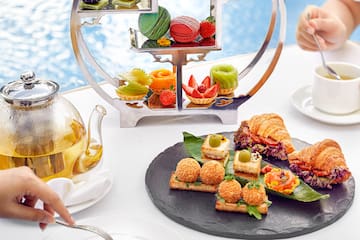 a group of people eating food