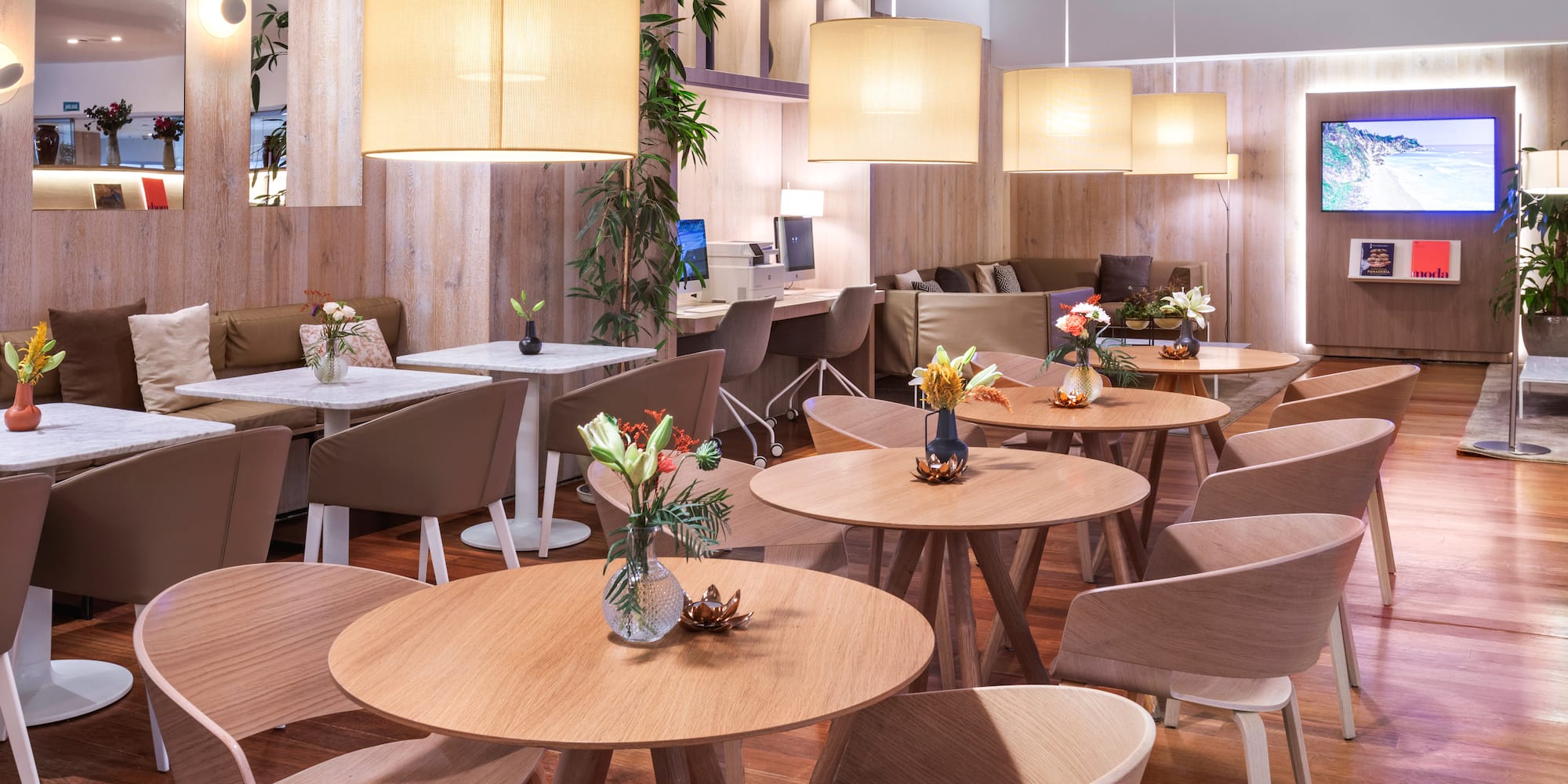 a room with tables and chairs