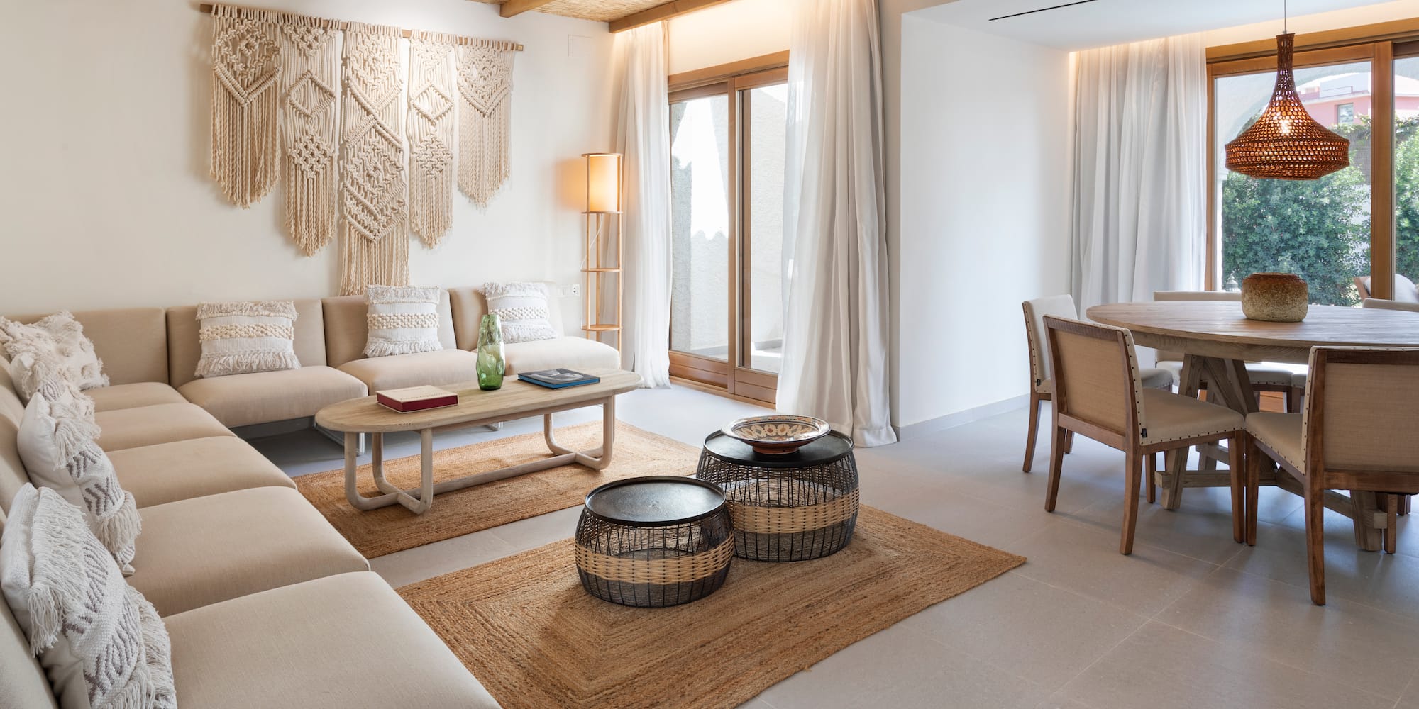 a living room with a couch and table