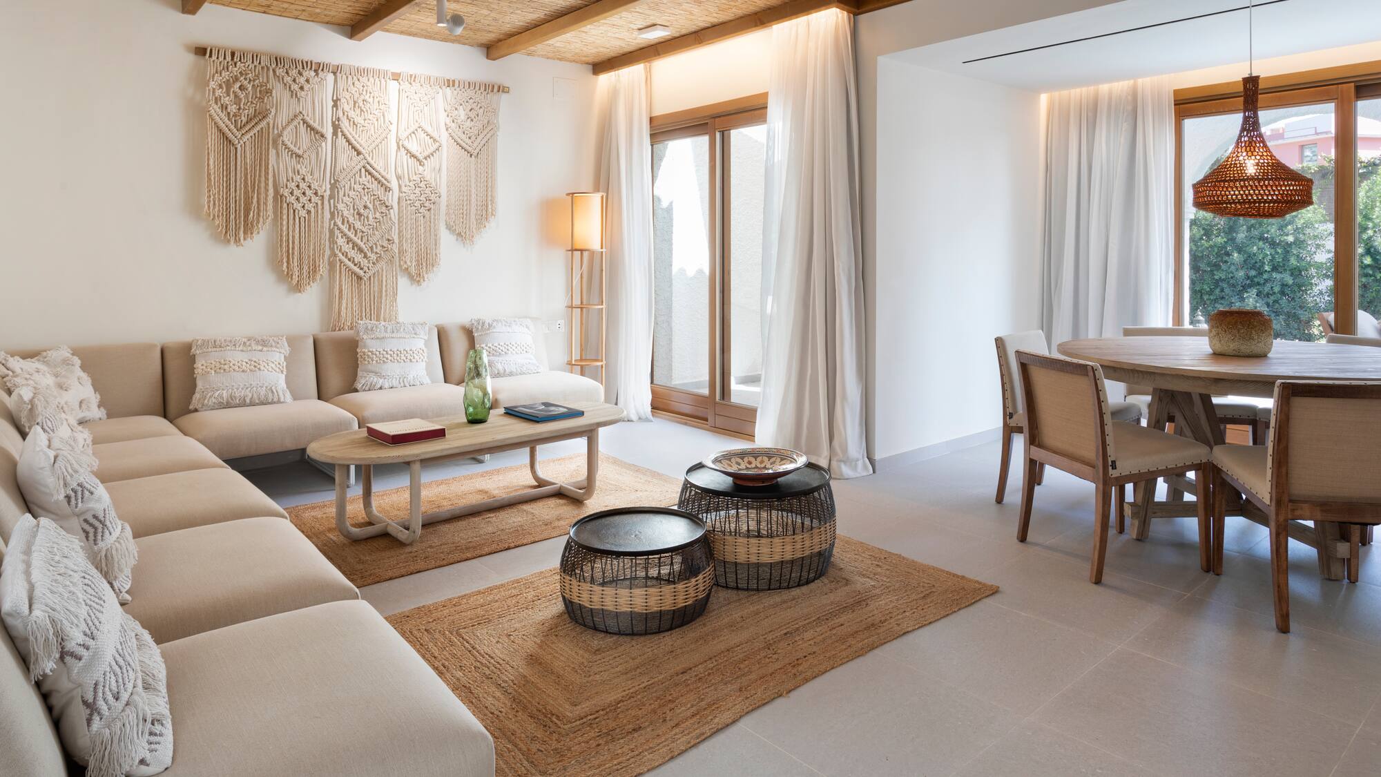 a living room with a couch and table