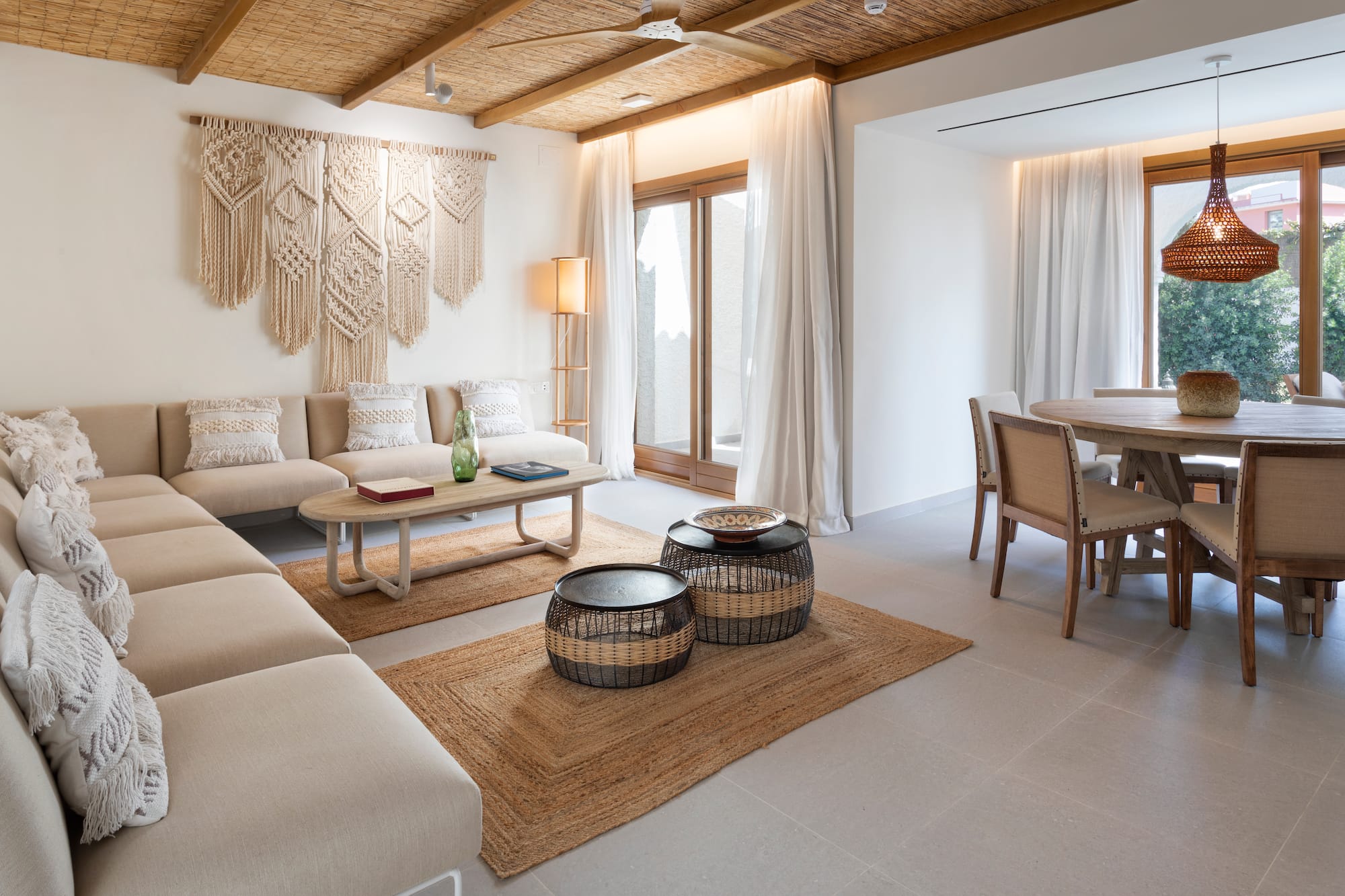 a living room with a couch and table