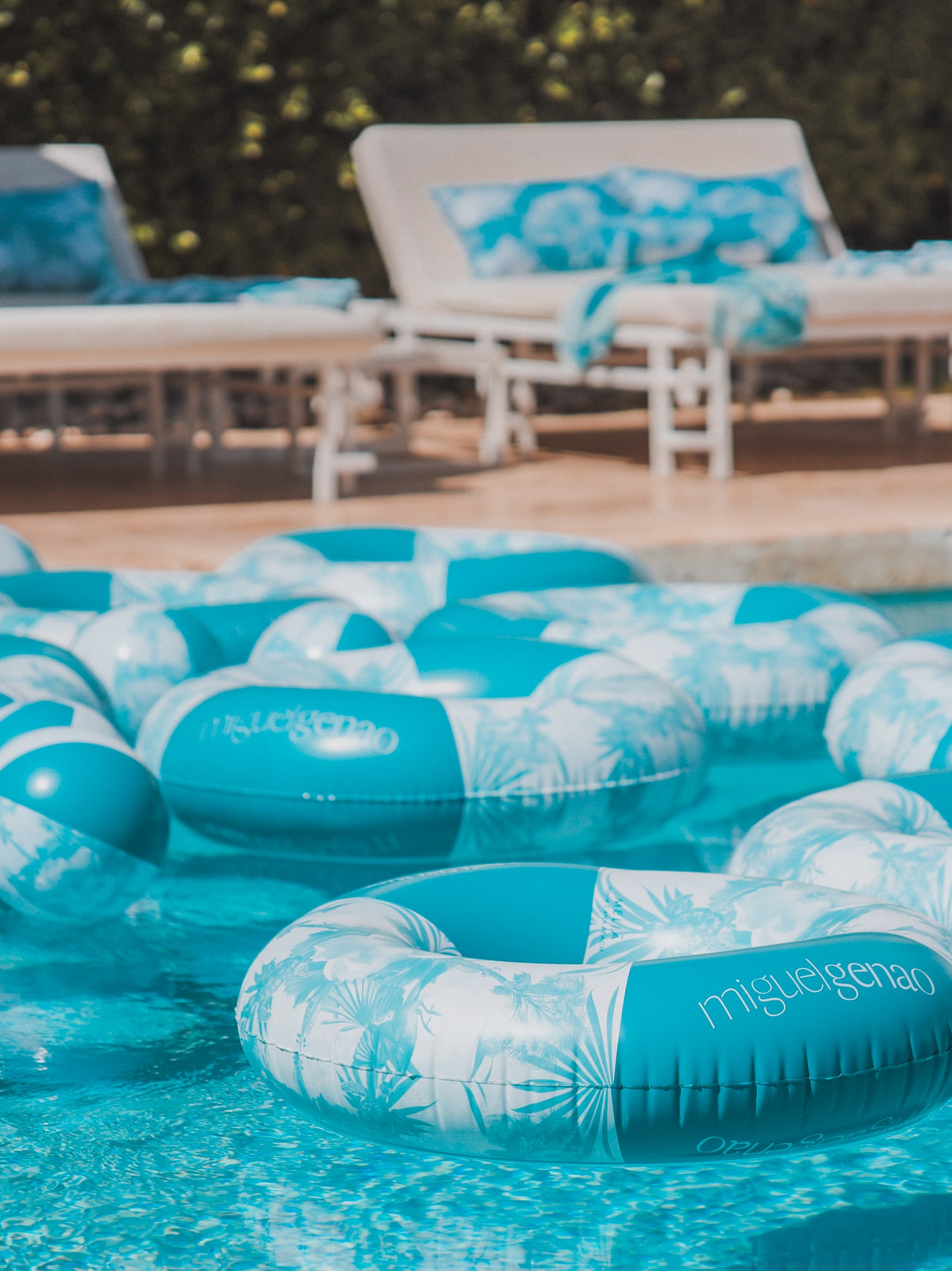 a pool with floating objects in it