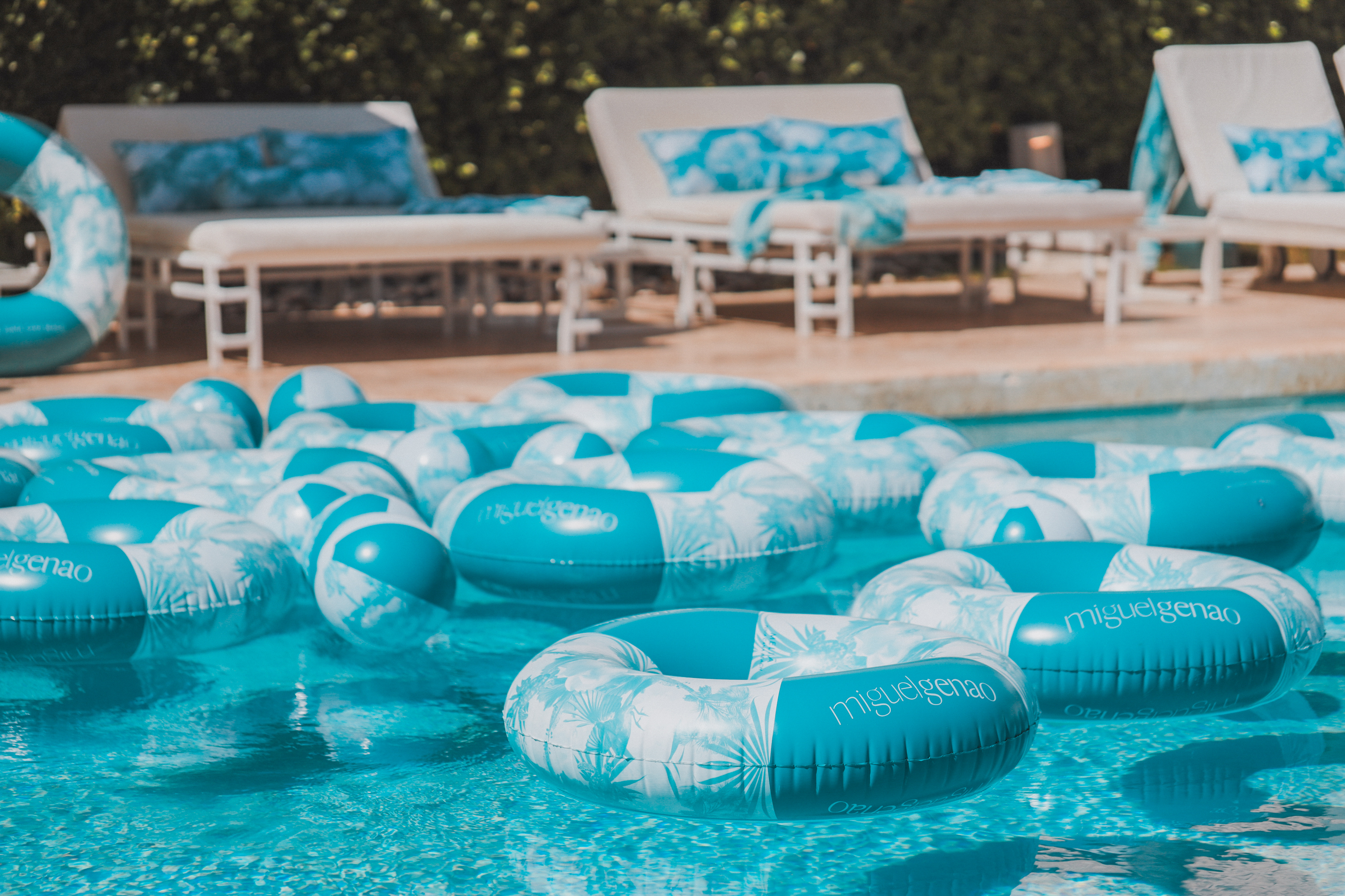 a pool with floating objects in it