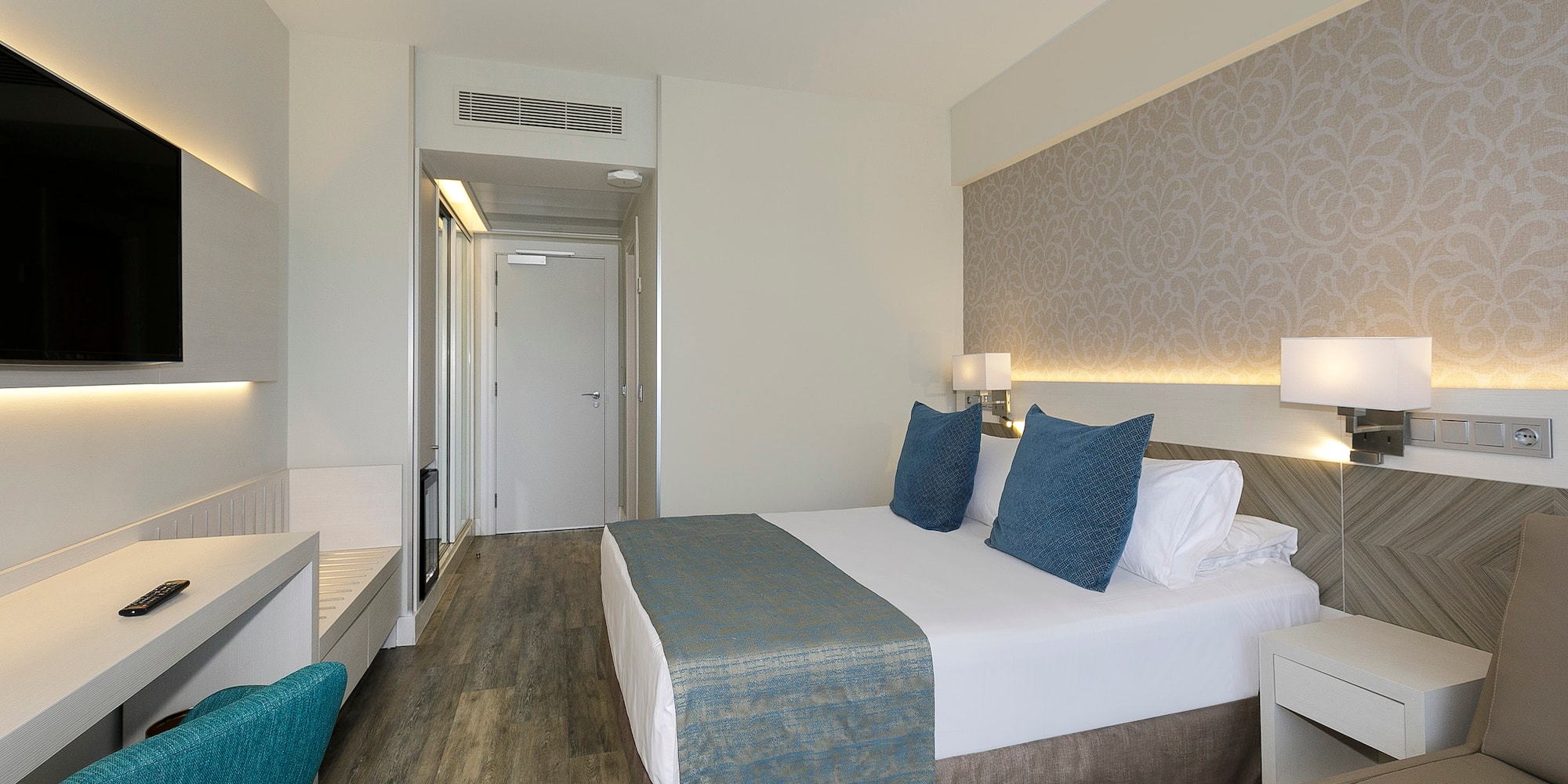 a room with a bed and a table