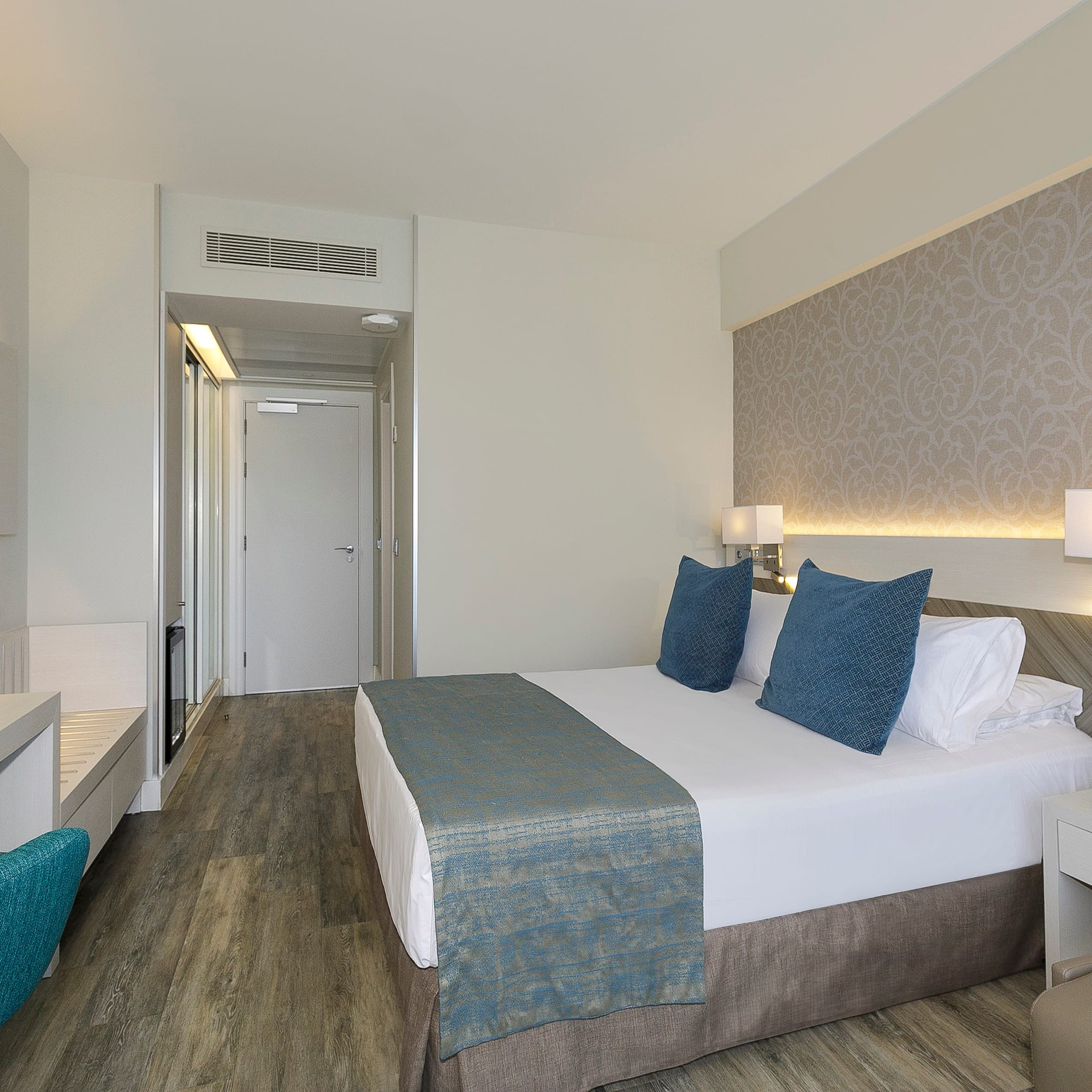 a room with a bed and a table