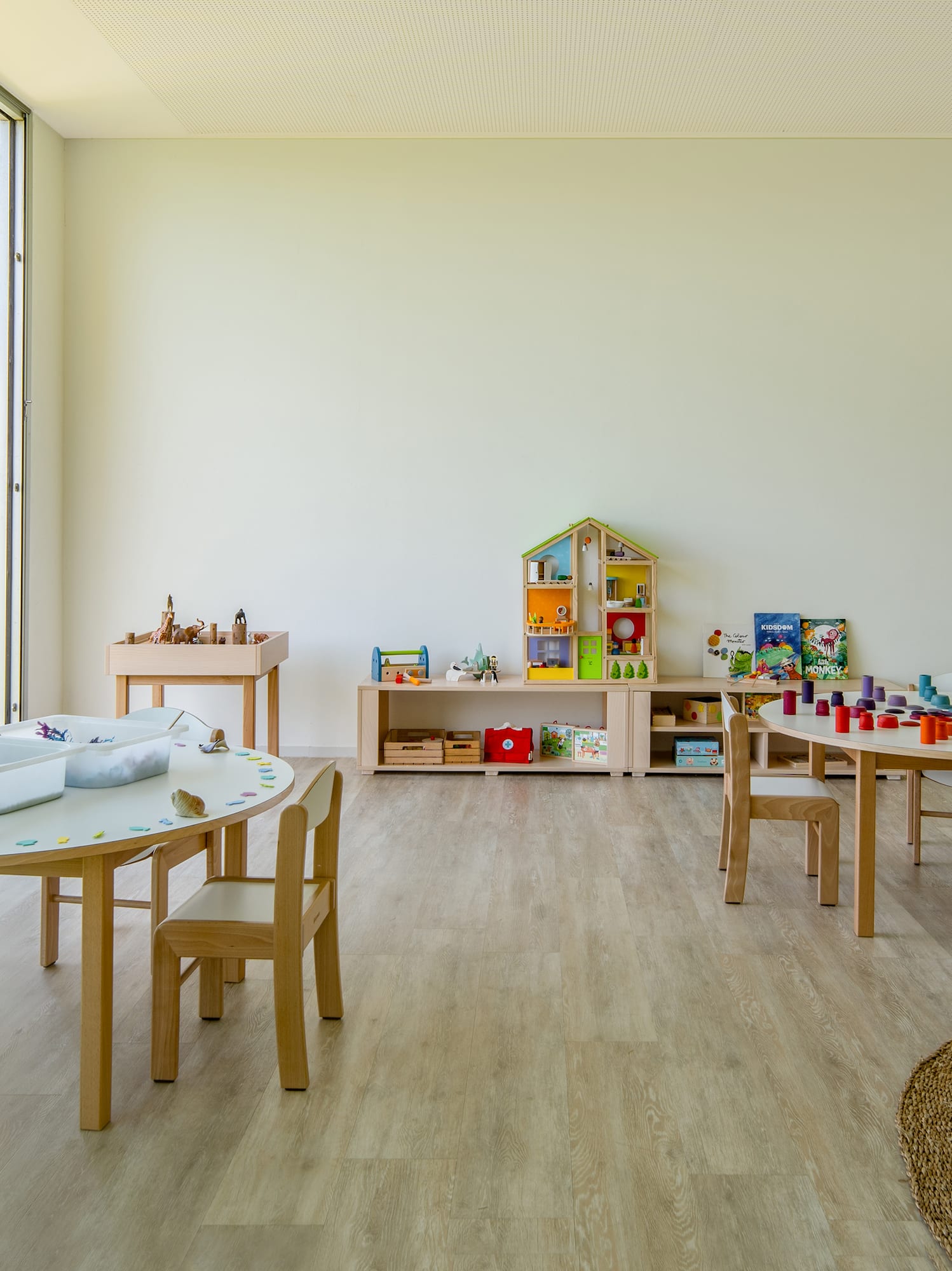 a room with tables and chairs