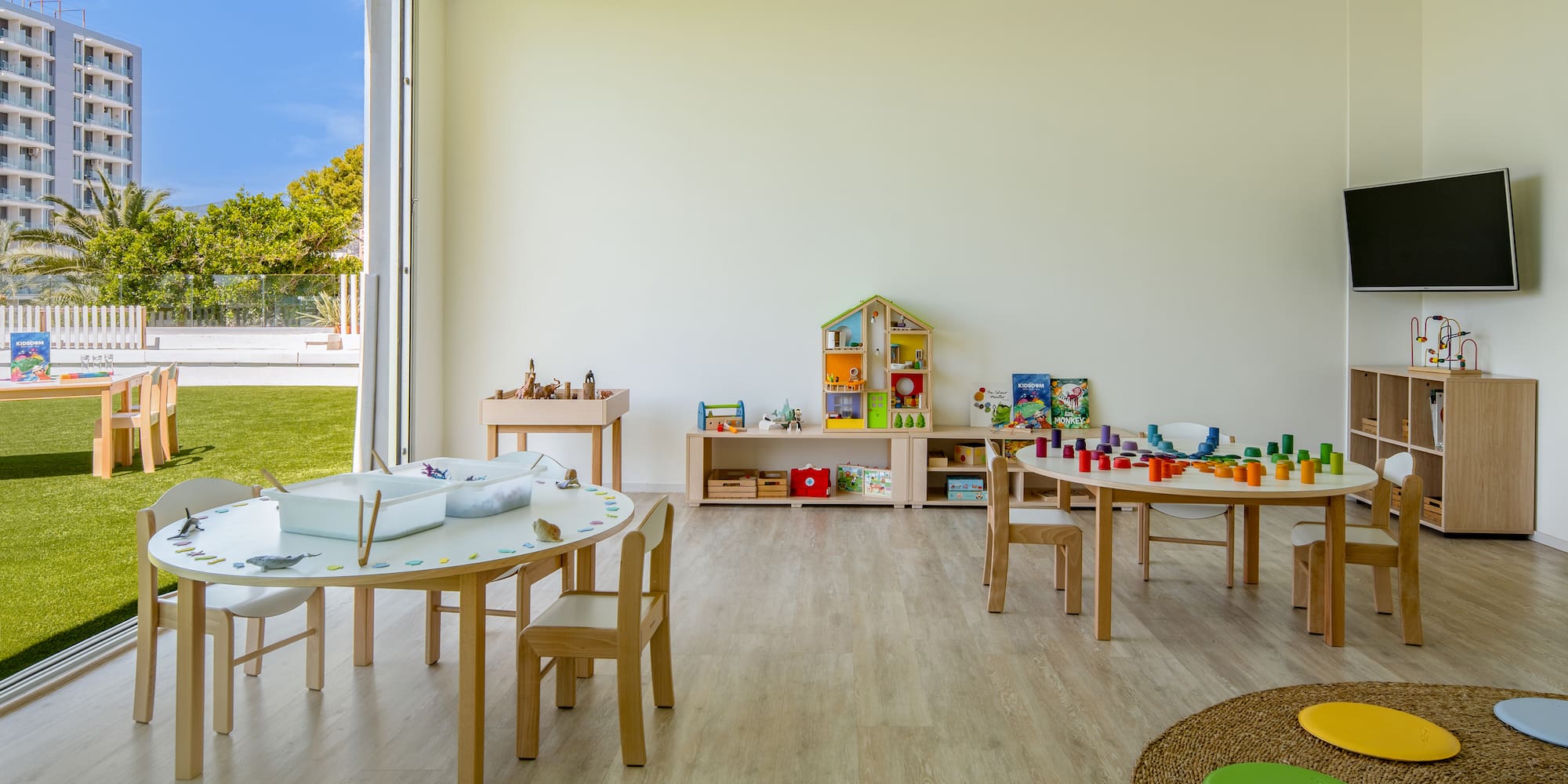 a room with tables and chairs