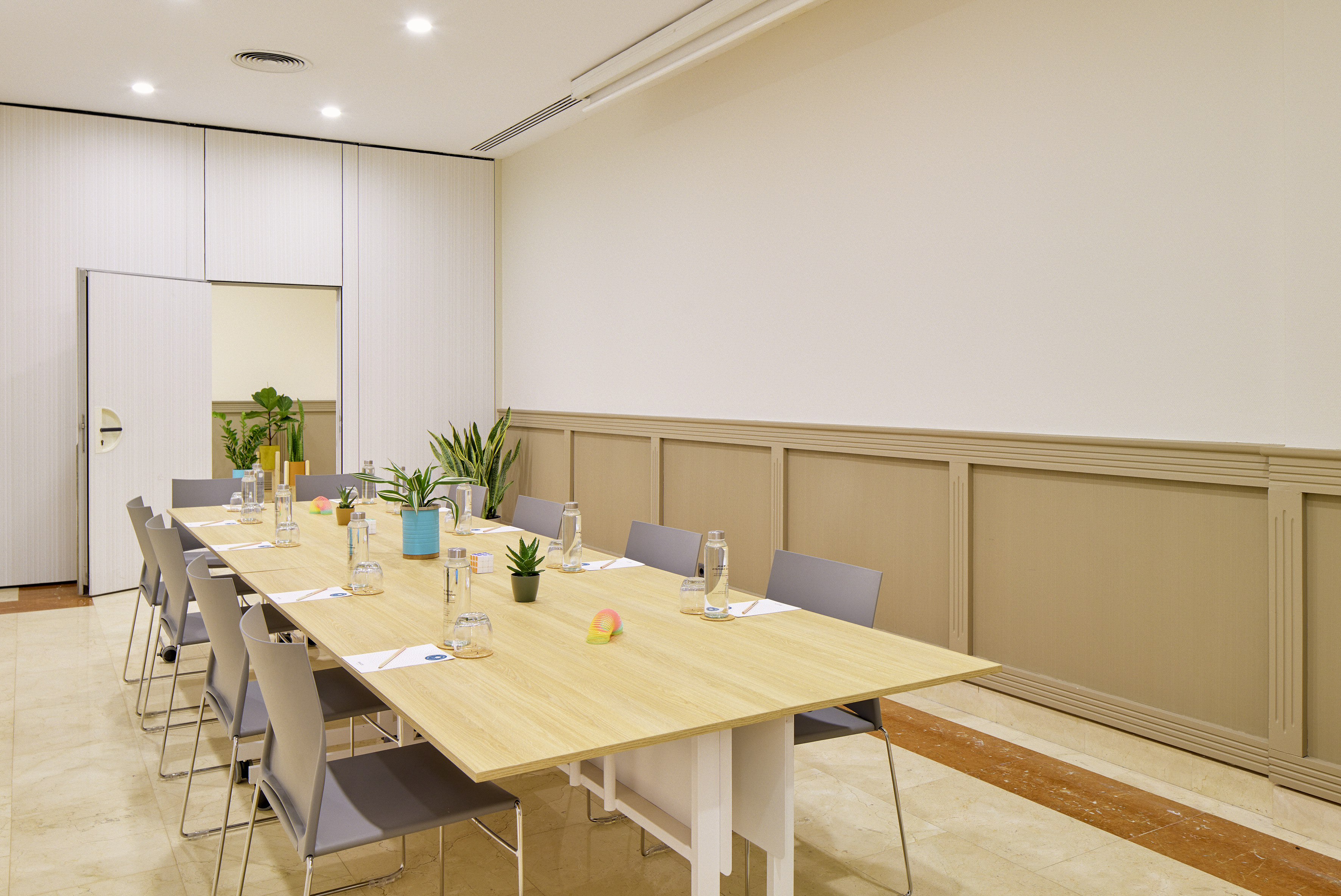 Modern meeting room with light wood conference table, grey chairs, and plants.