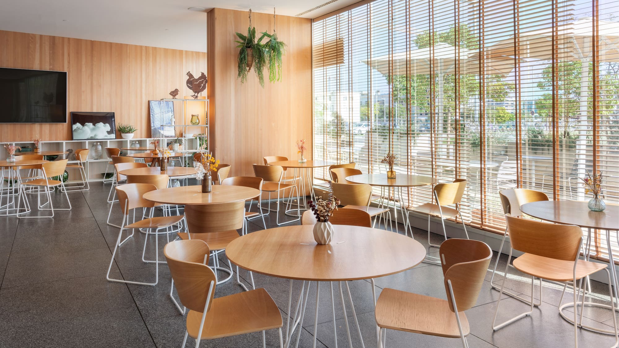 a room with tables and chairs