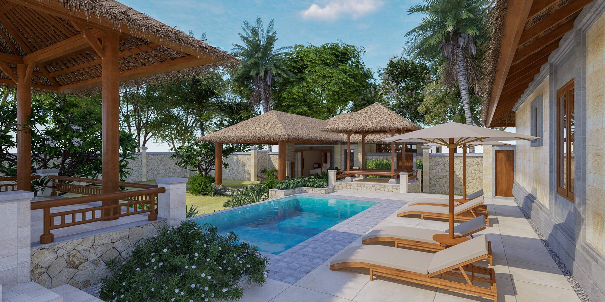 a pool with lounge chairs and umbrellas