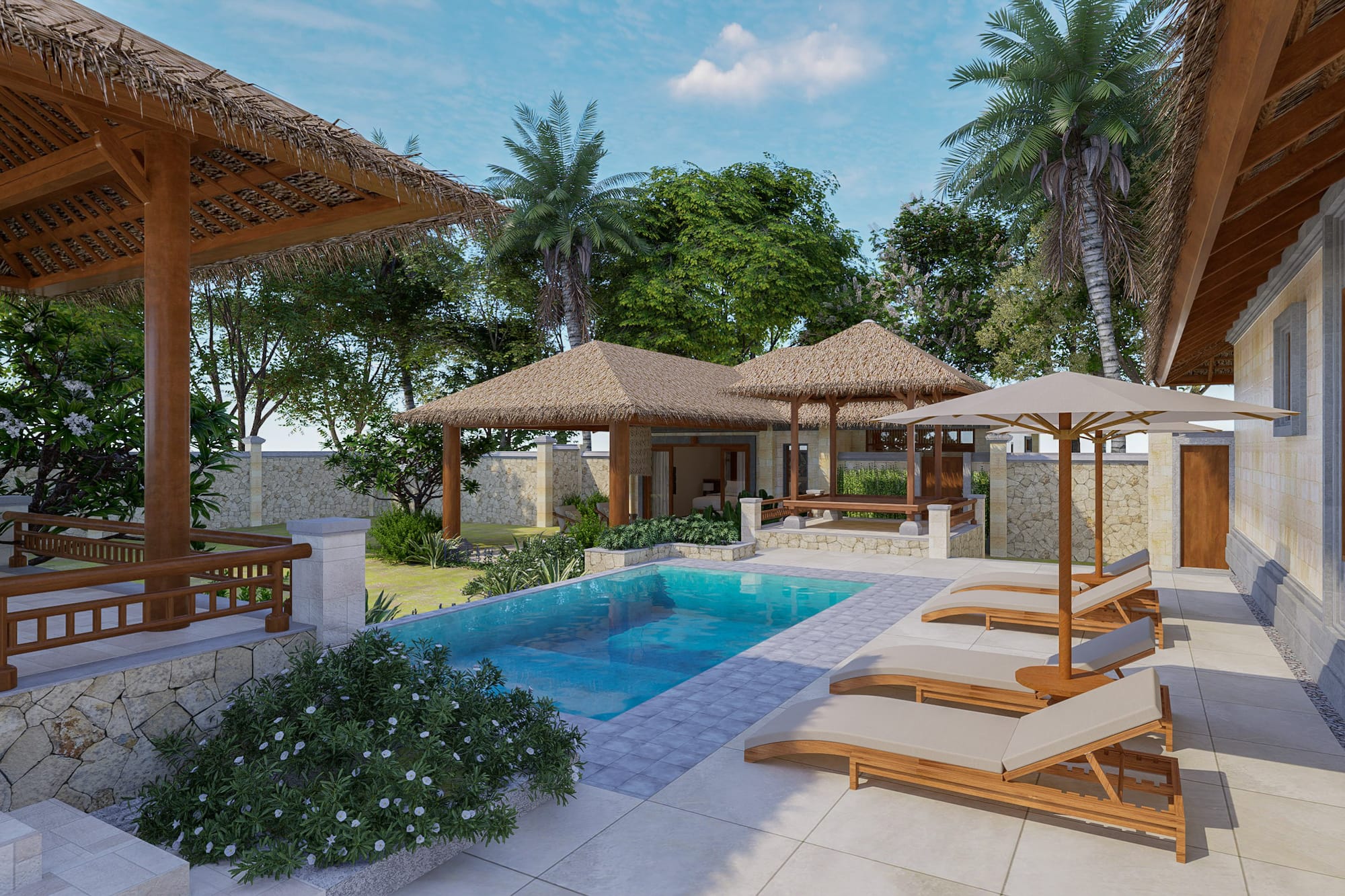 a pool with lounge chairs and umbrellas