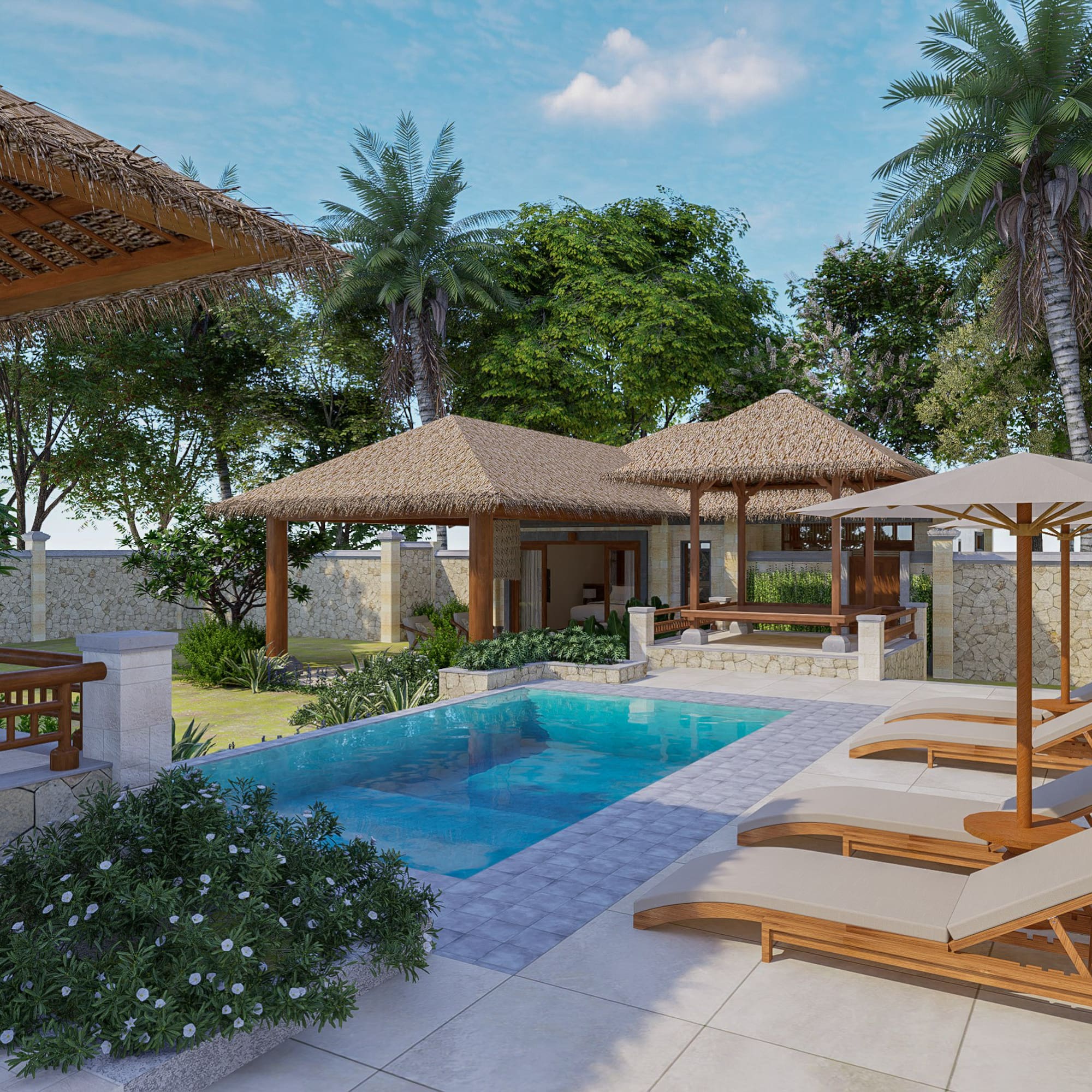 a pool with lounge chairs and umbrellas