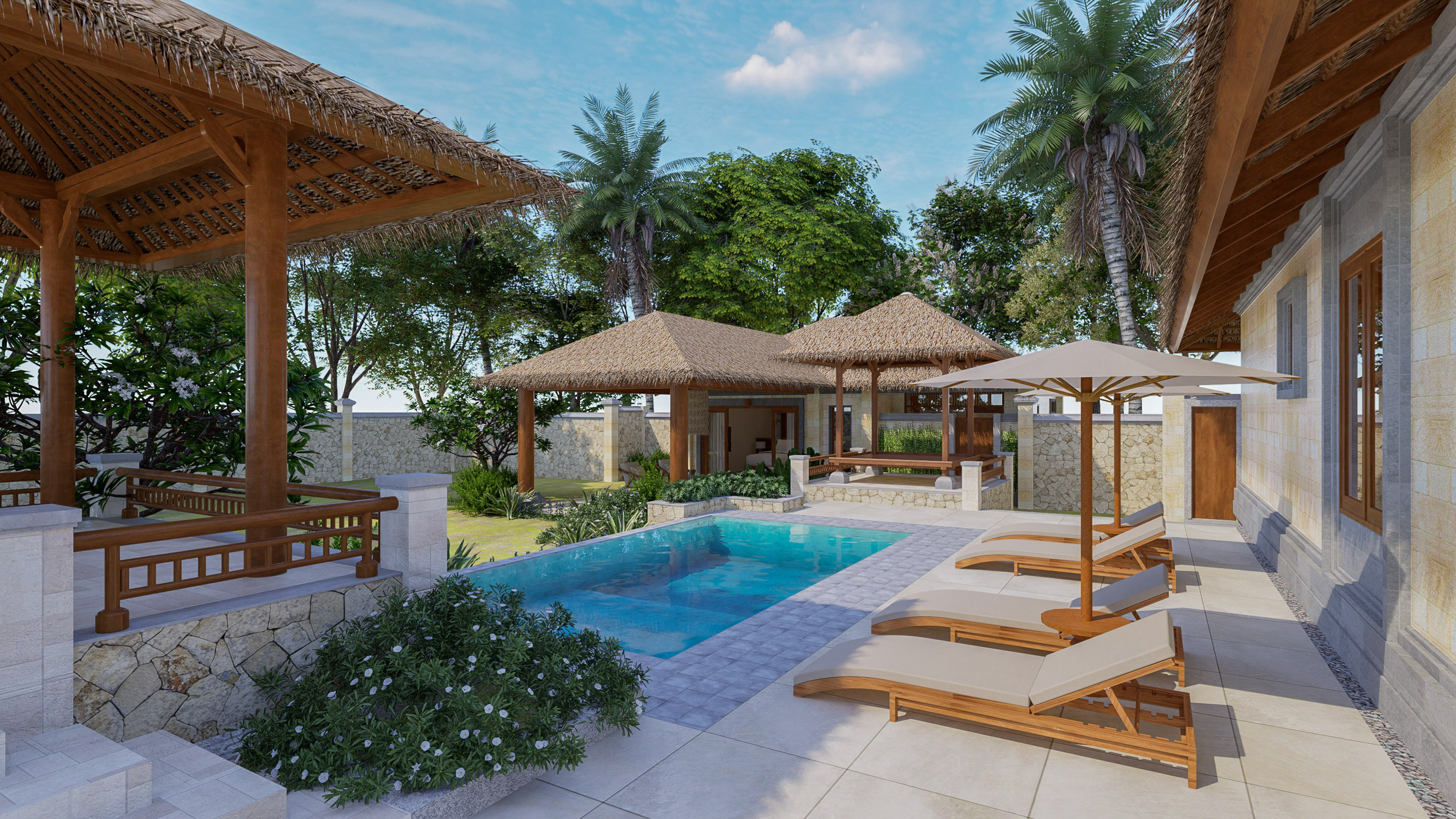 a pool with lounge chairs and umbrellas