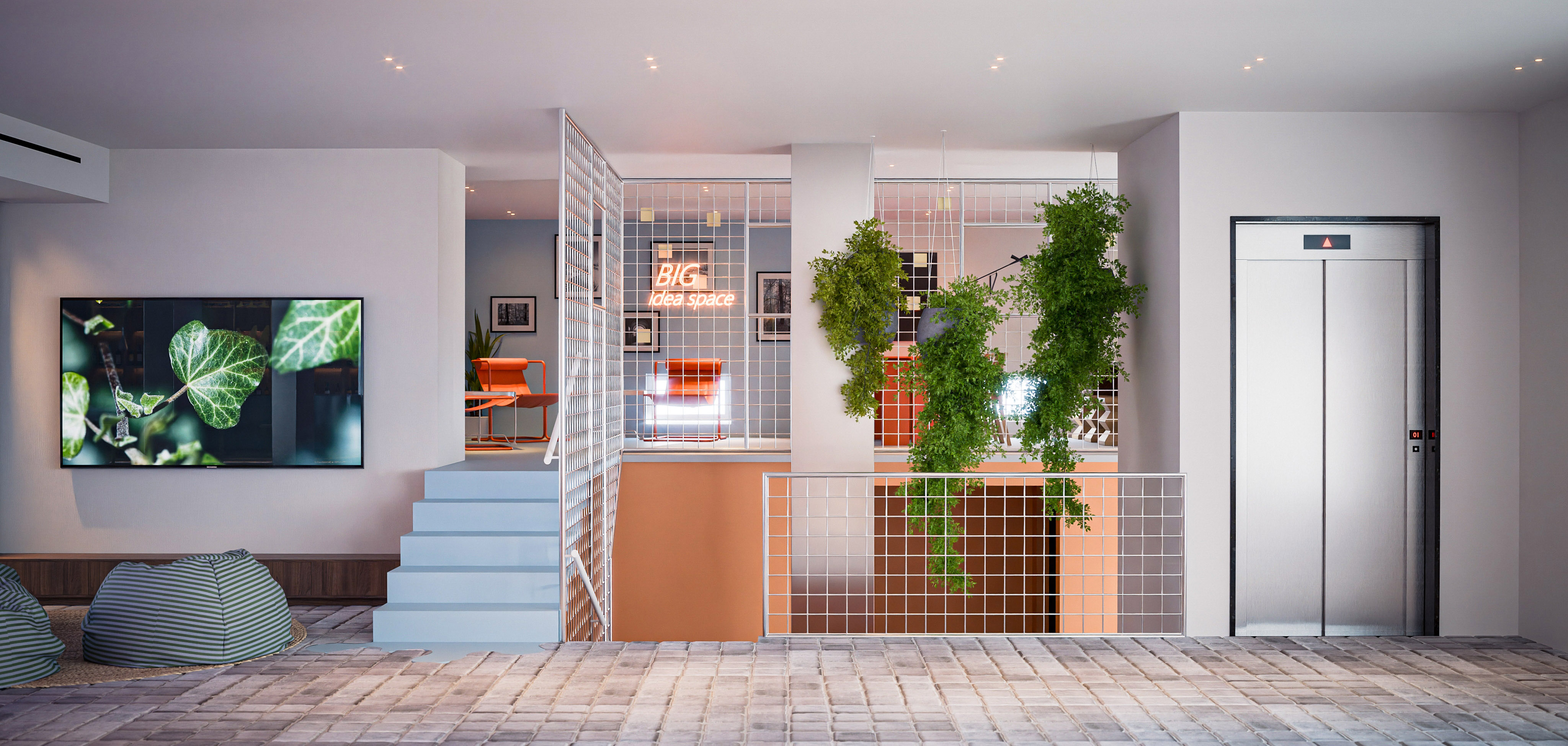a staircase with plants in the wall