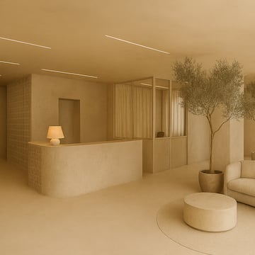 a room with a reception desk and a couch