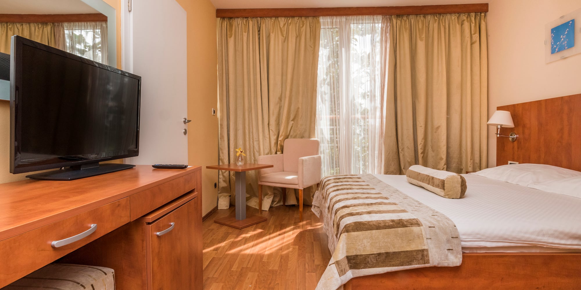 a room with a bed and a television